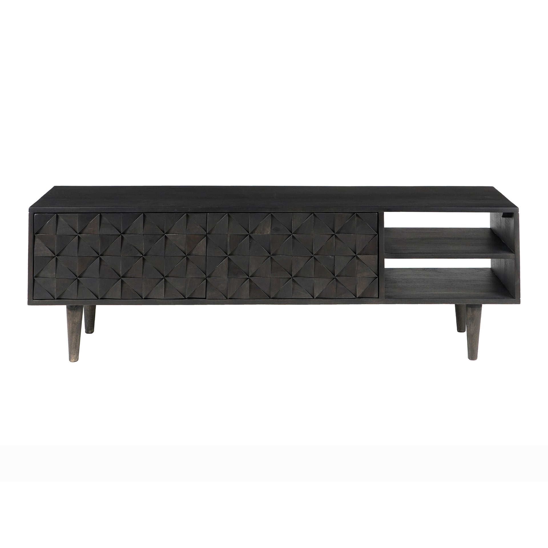 Lennon TV Cabinet, Mid-Century Modern Solid Sheesham with Carved Doors, Black