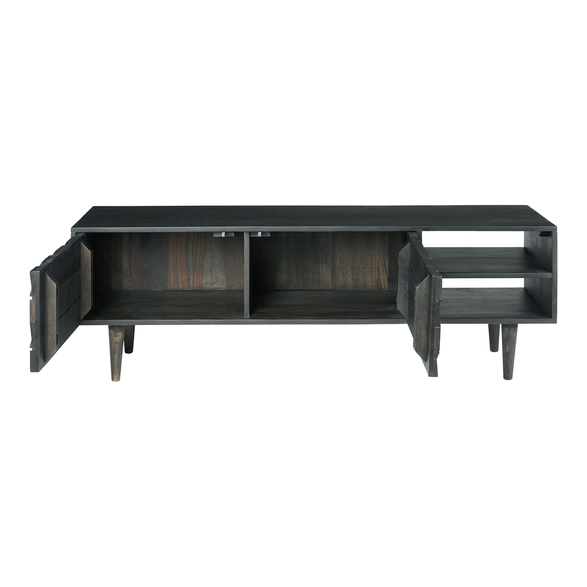 Lennon TV Cabinet, Mid-Century Modern Solid Sheesham with Carved Doors, Black