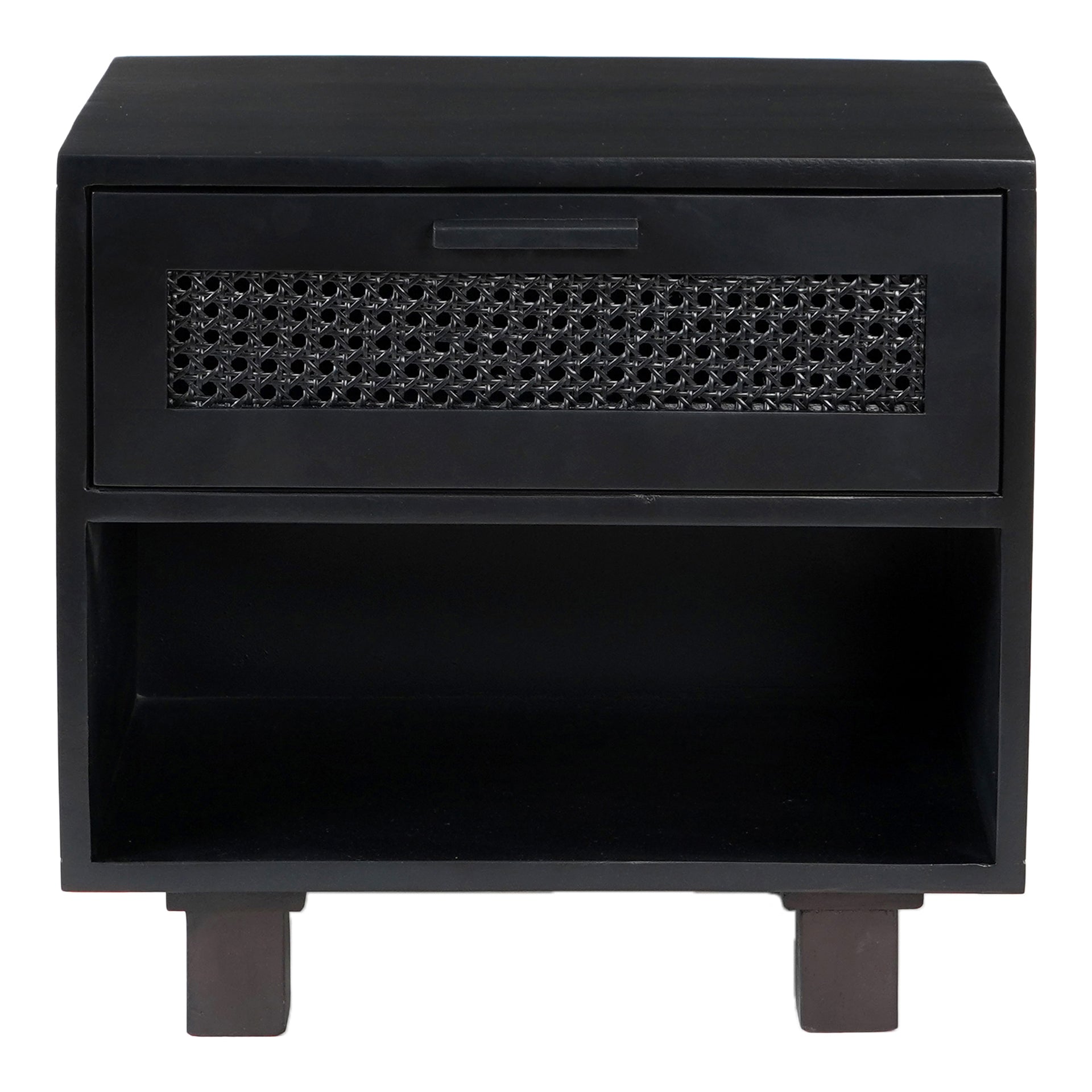 Taylor Nightstand, Solid Mango Wood with Woven Cane Drawer Front, Scandinavian Style, Black Finish