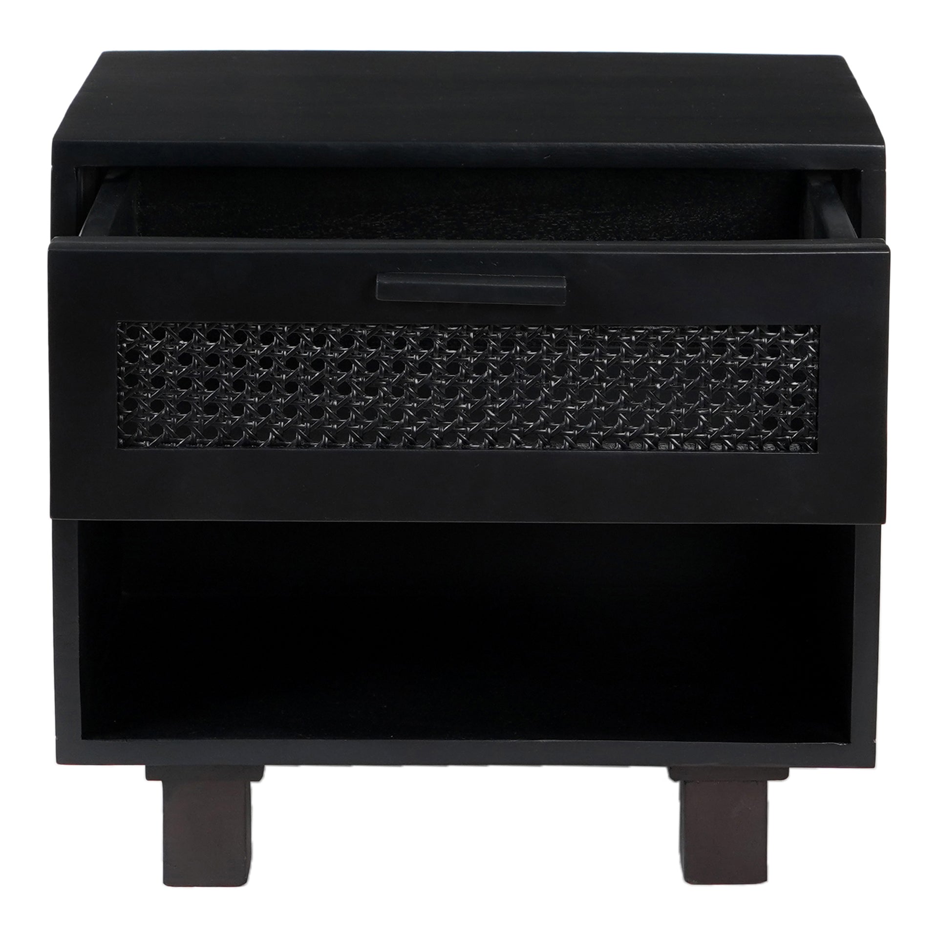 Taylor Nightstand, Solid Mango Wood with Woven Cane Drawer Front, Scandinavian Style, Black Finish