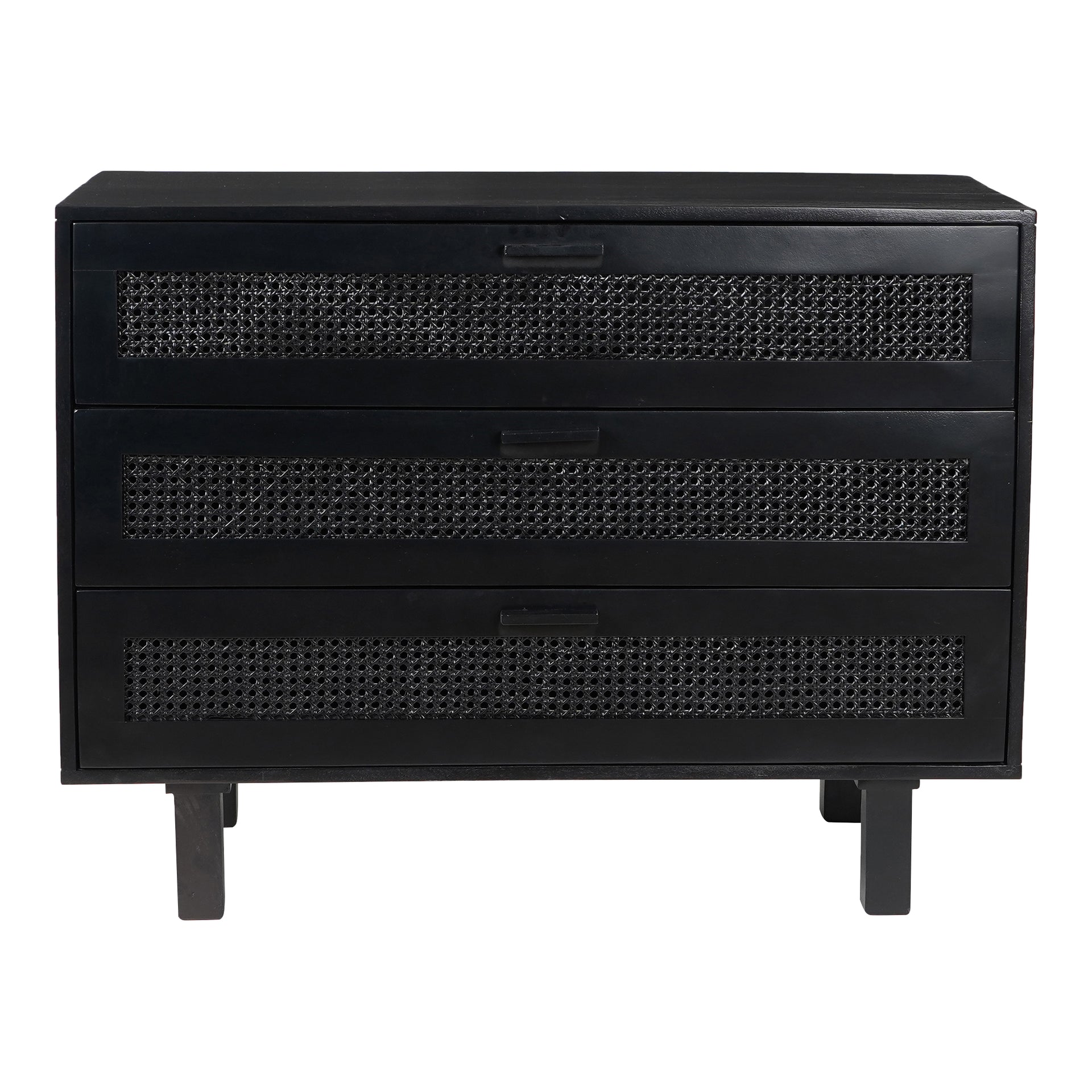 Taylor 3 Drawer Chest, Solid Mango Wood with Cane Drawer Front, Scandinavian Style, Black Finish