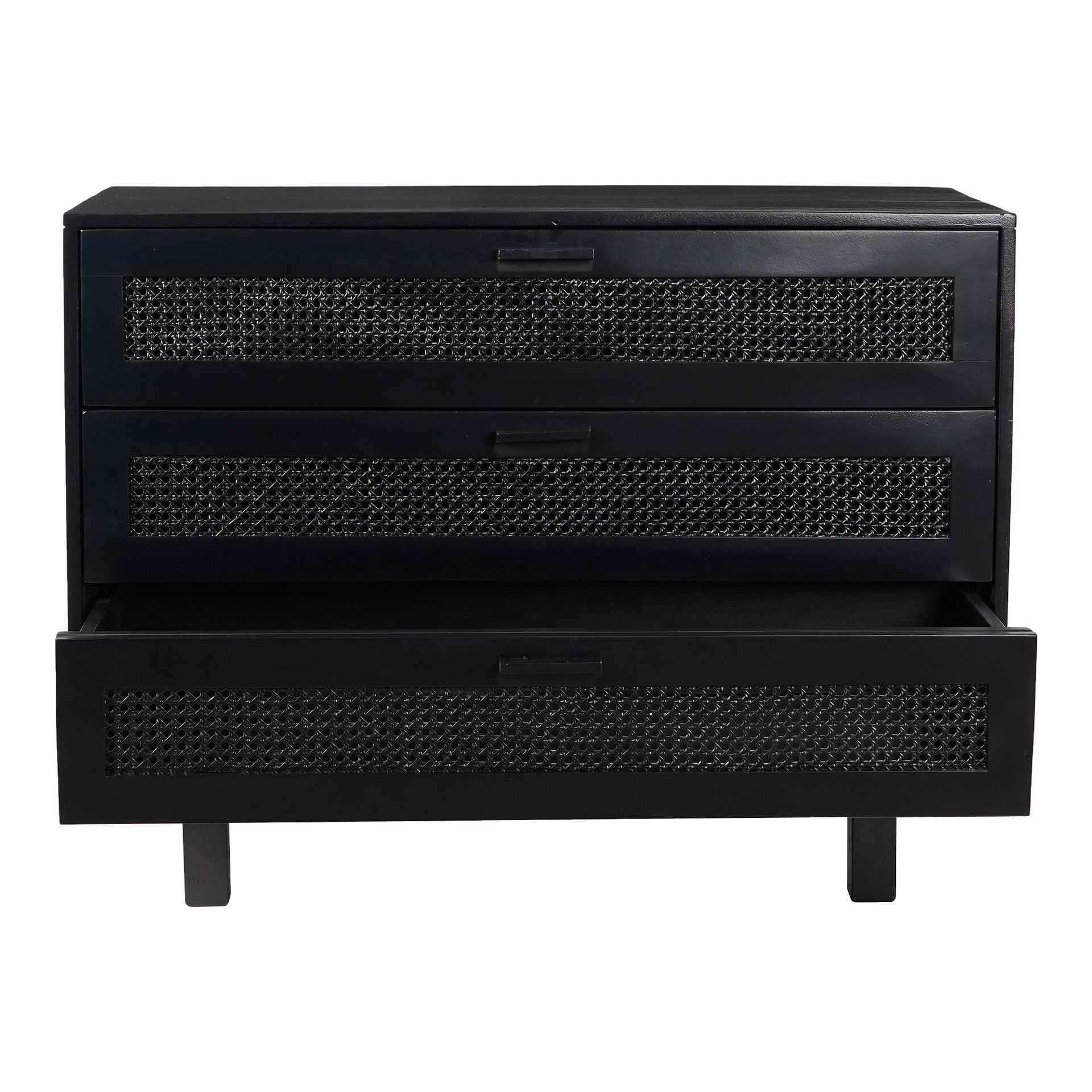 Taylor 3 Drawer Chest, Solid Mango Wood with Cane Drawer Front, Scandinavian Style, Black Finish