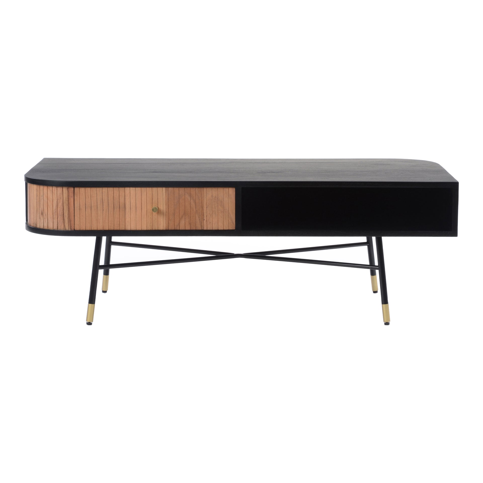 Remi Coffee Table, Rectangular Mango and Acacia Wood, Brass-Capped Metal Legs, Black Finish
