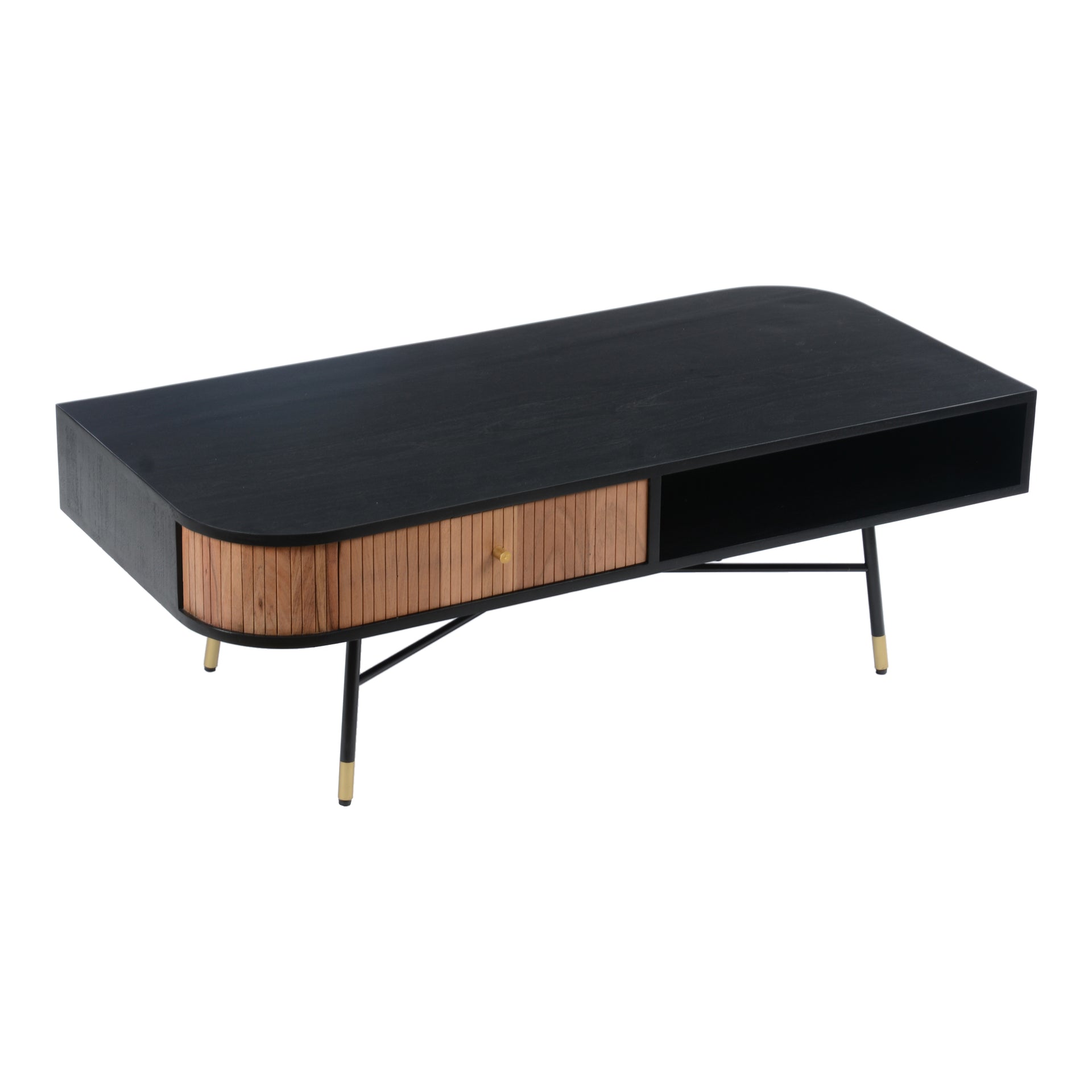 Remi Coffee Table, Rectangular Mango and Acacia Wood, Brass-Capped Metal Legs, Black Finish
