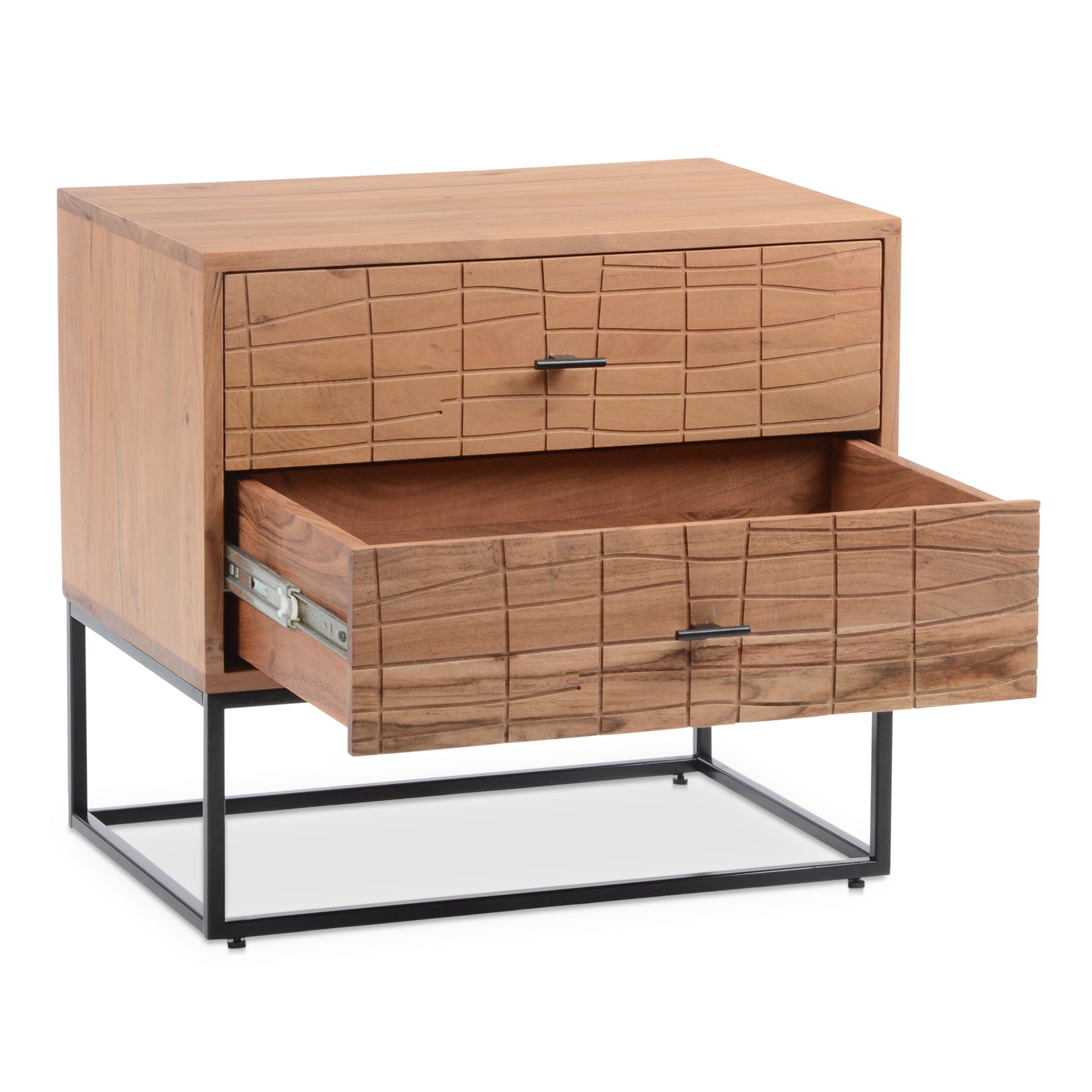 Morgan, Nightstand Contemporary Solid Acacia with Iron Legs, Natural Finish