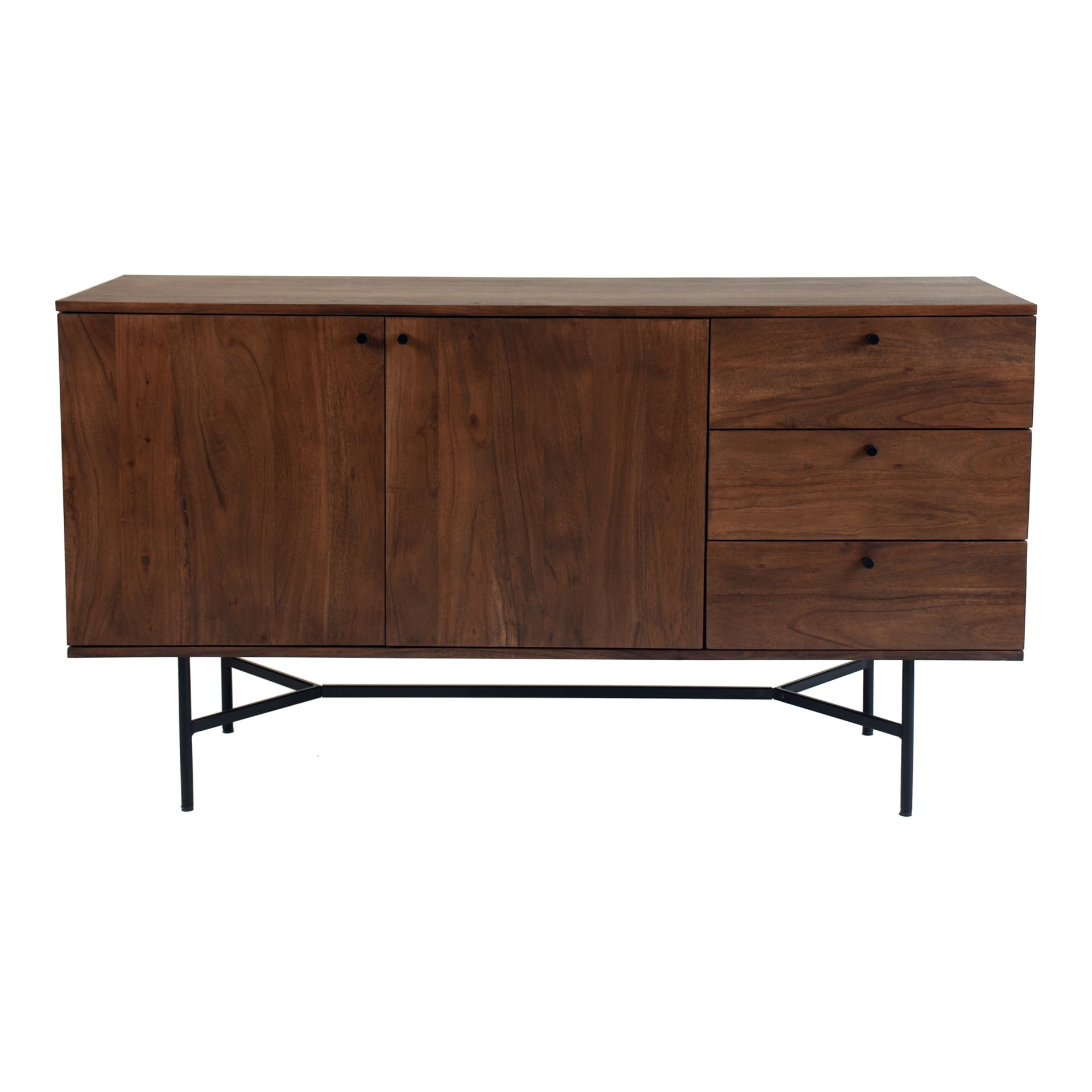 Alaric Sideboard, Solid Acacia Wood with Metal Legs and 2 Doors, 3 Drawers, Brown
