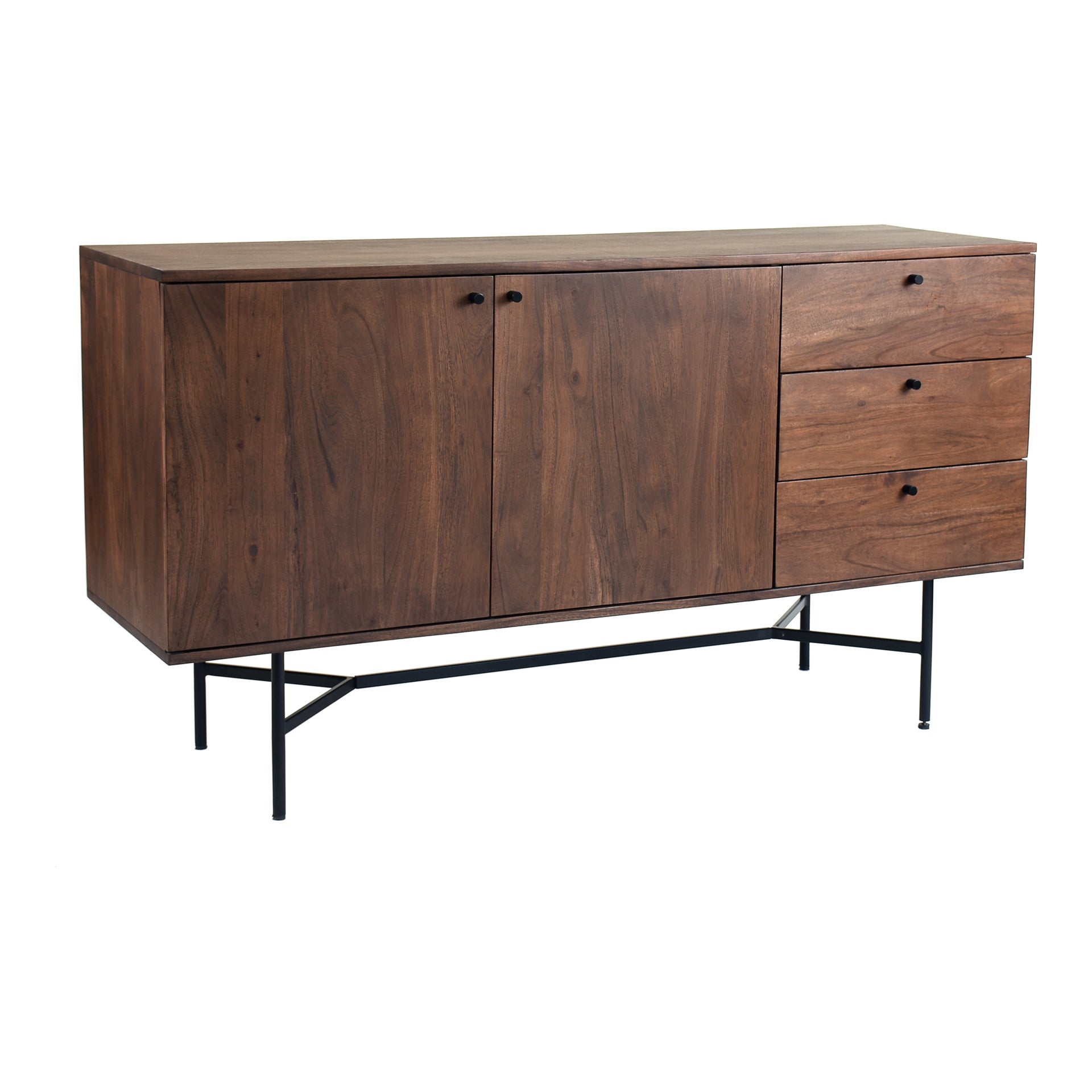 Alaric Sideboard, Solid Acacia Wood with Metal Legs and 2 Doors, 3 Drawers, Brown