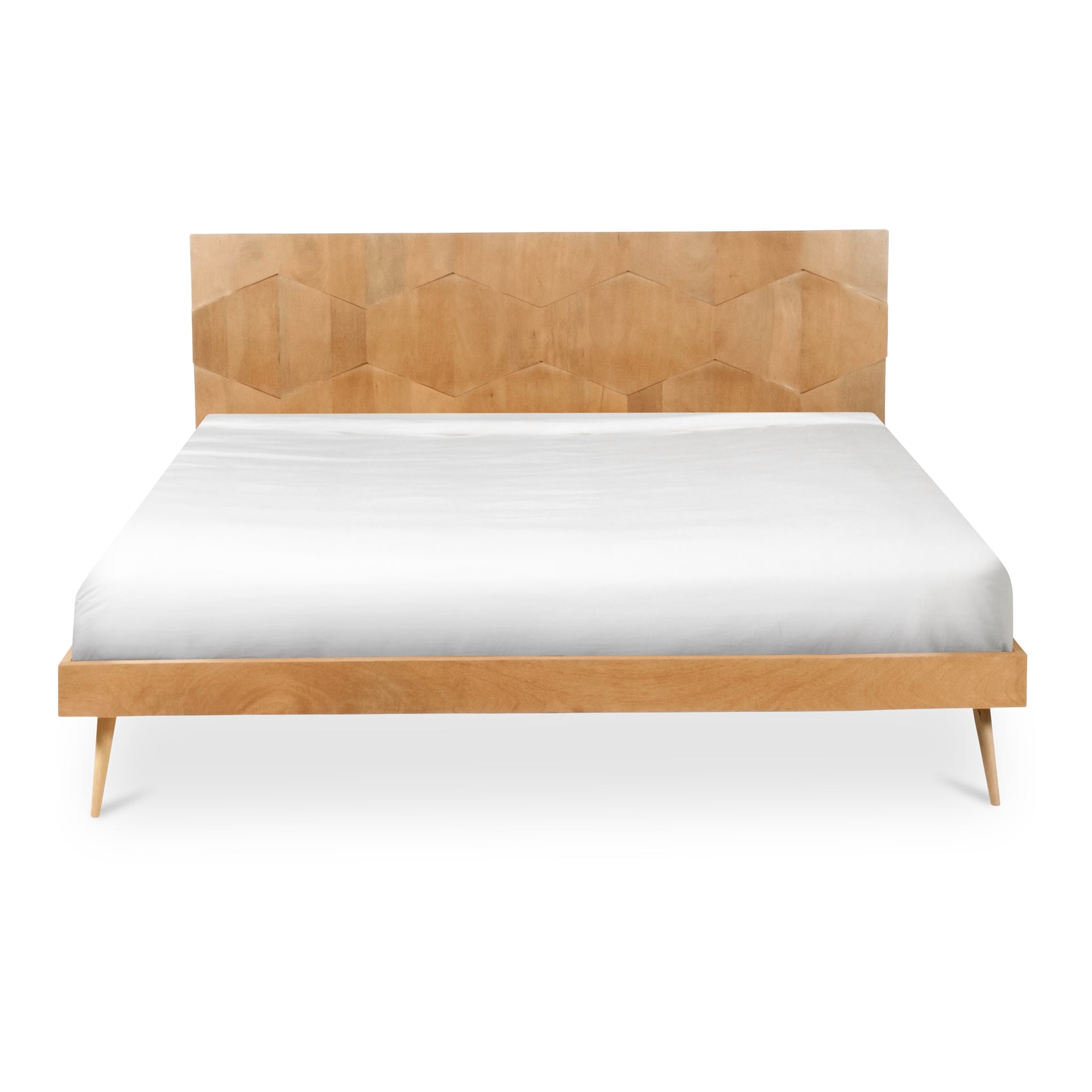 Oxygen, Queen Bed Solid Sheesham Wood with Carved Headboard, Light Oak Finish