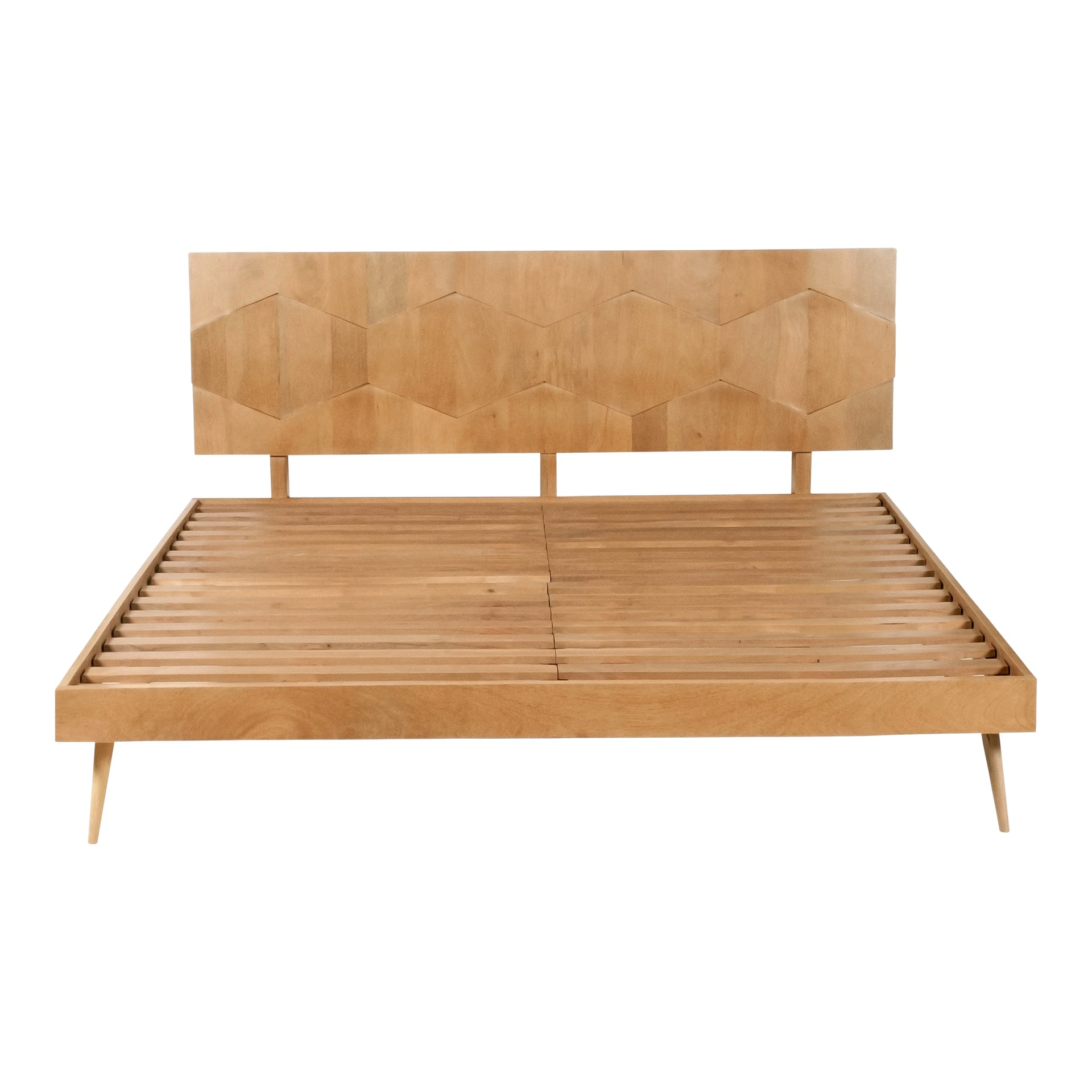 Oxygen, Queen Bed Solid Sheesham Wood with Carved Headboard, Light Oak Finish