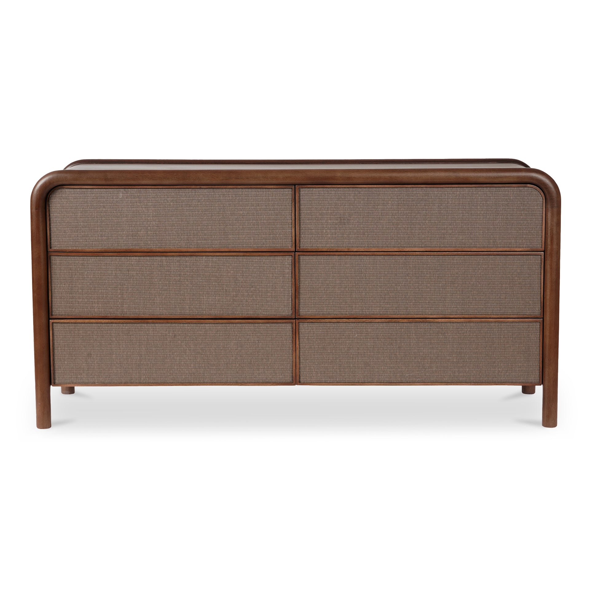 West Dresser, 6 Drawer Solid Mango Wood with Tatami-Mat Fronts and Felt-Lined Drawers, Contemporary Style, Warm Brown