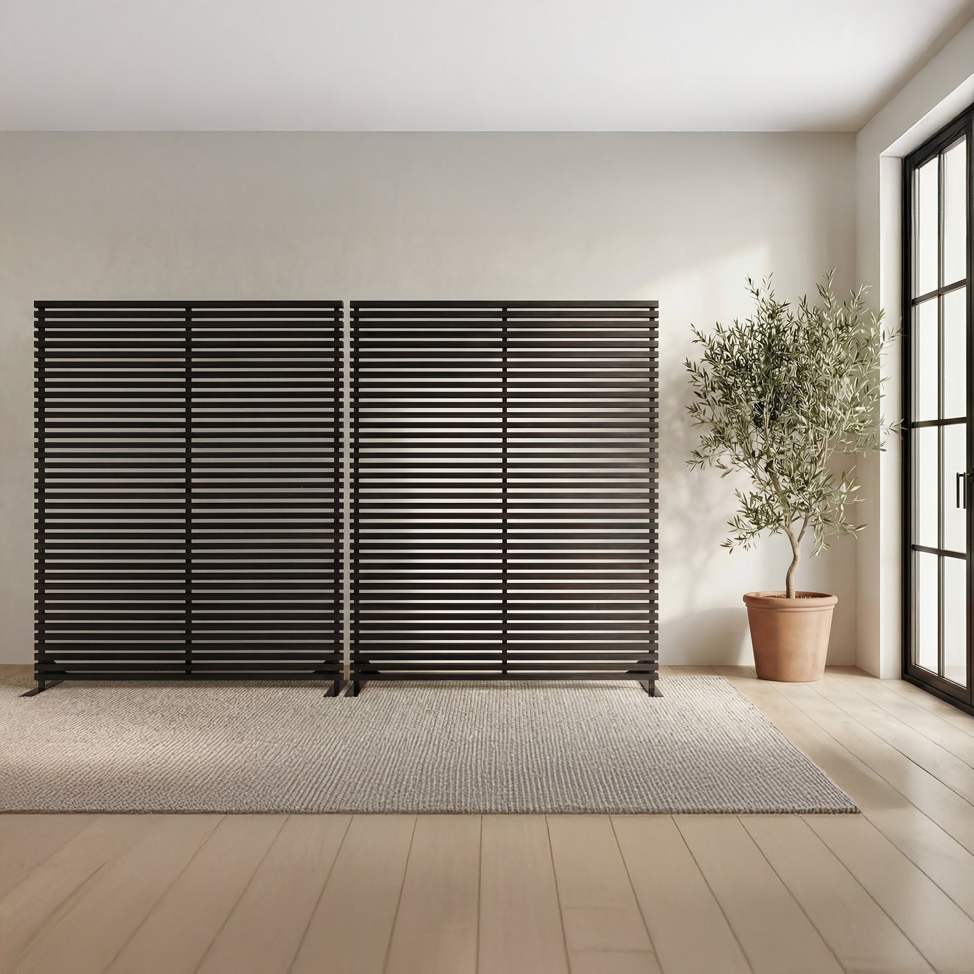 Elara, Screen with Natural Black Hardwood Slats, Sturdy Aluminum Build, Black