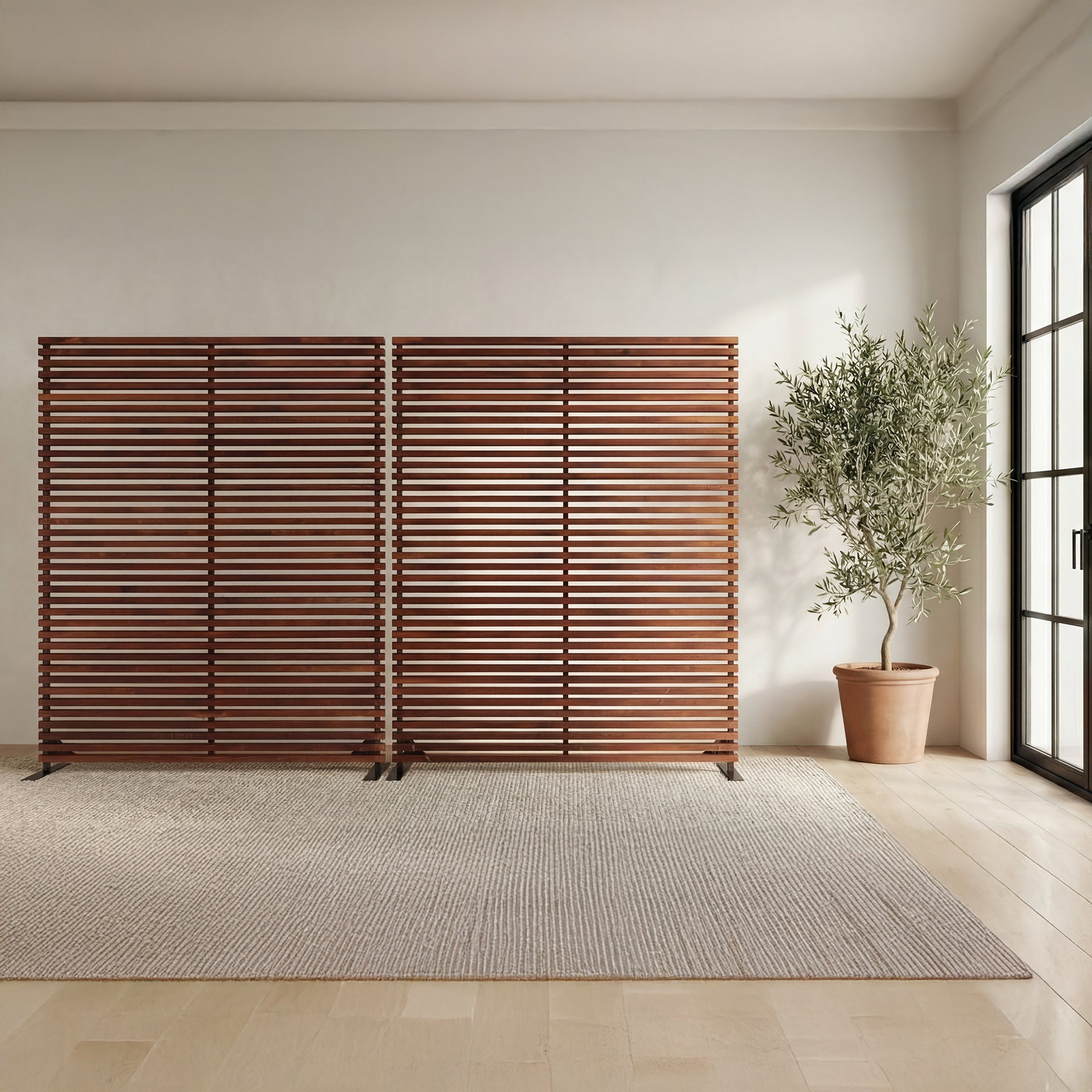 Elara Room Divider, Natural Hardwood Slats, Aluminum Frame, Contemporary Design, Brown Finish