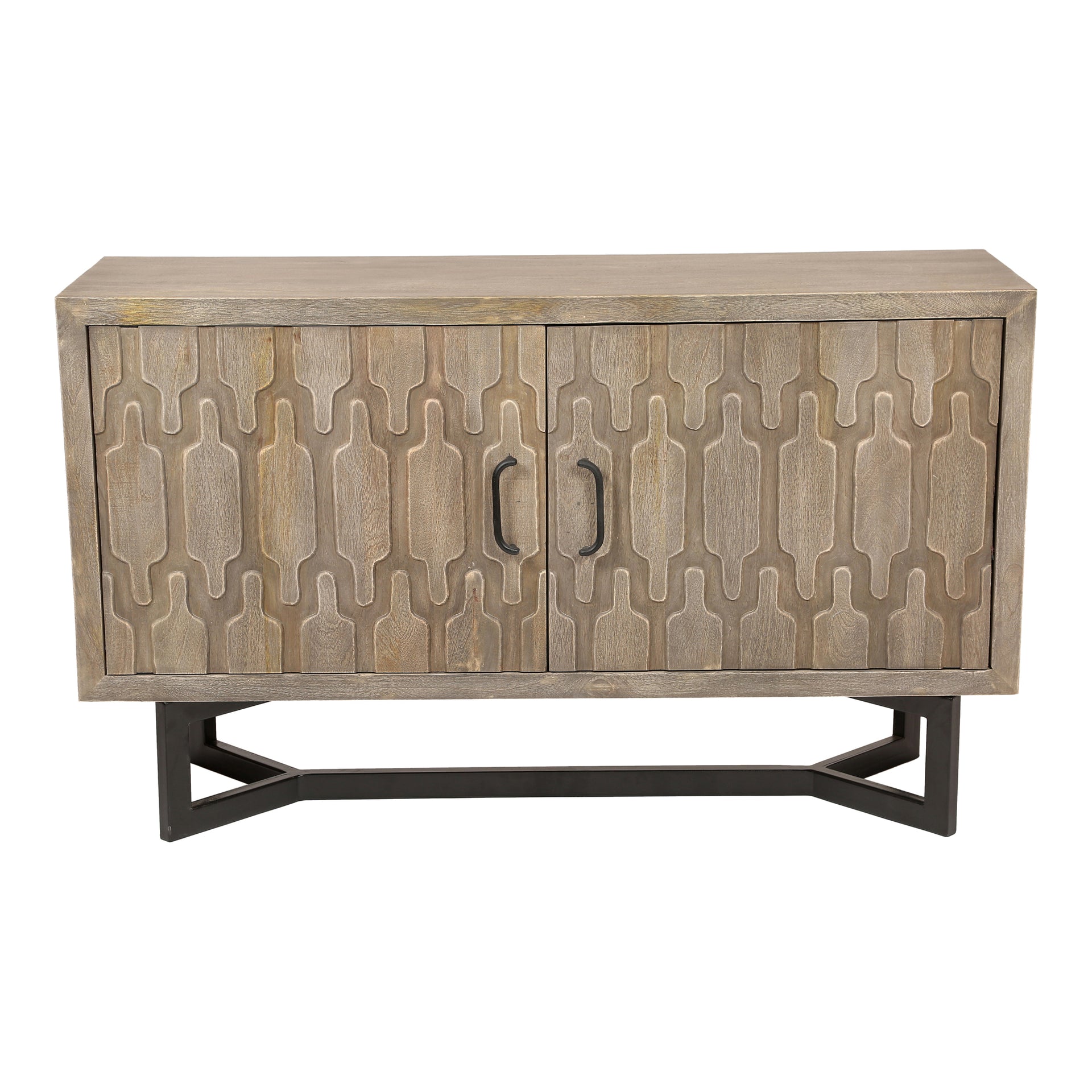 Gerald, Sideboard Geometric Design, Solid Mango Wood, Iron Base, Light Grey