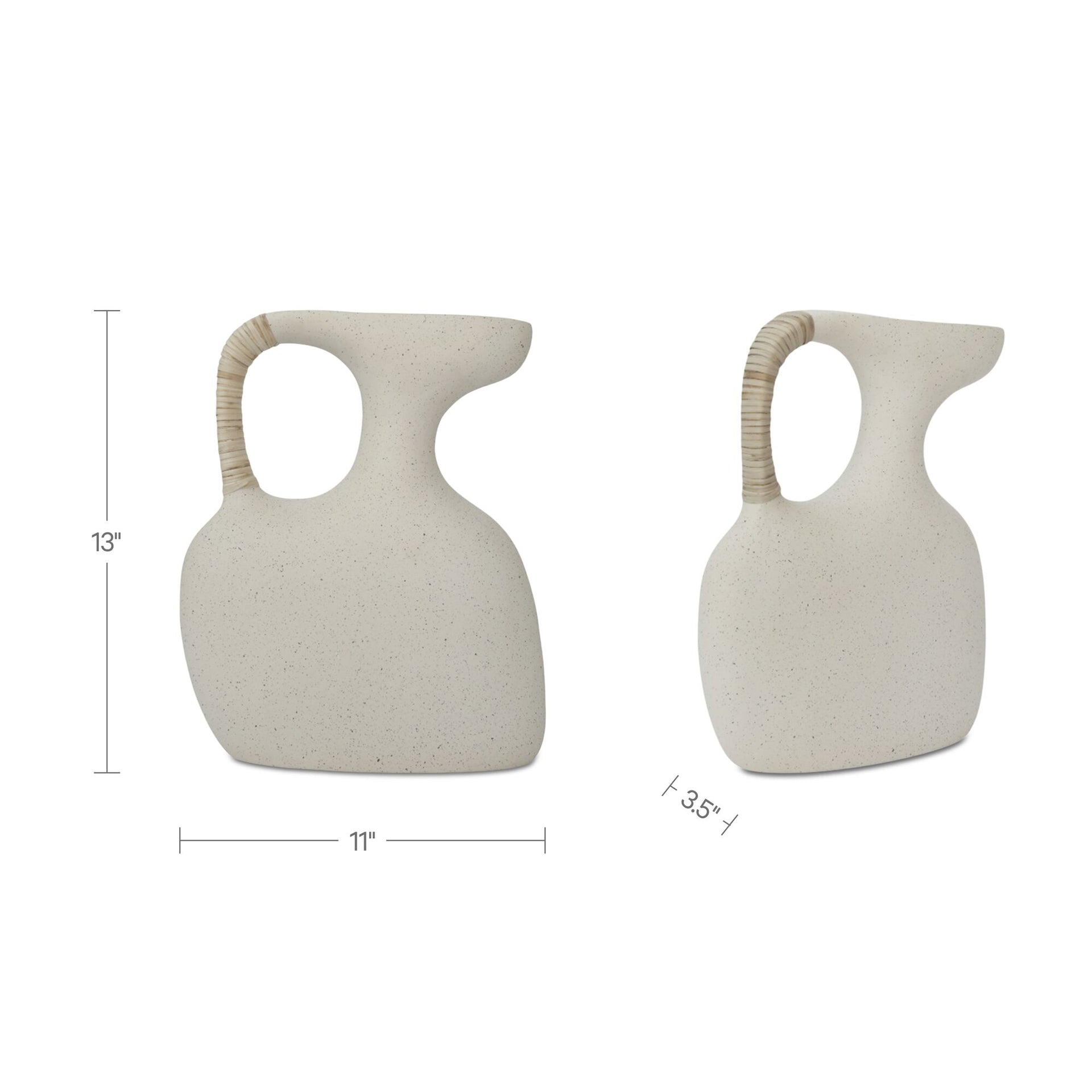 Tavish Vase, Rectangular, Ecomix, Cane-Wrapped Handle, Sculptural Modern Shape, Cream White
