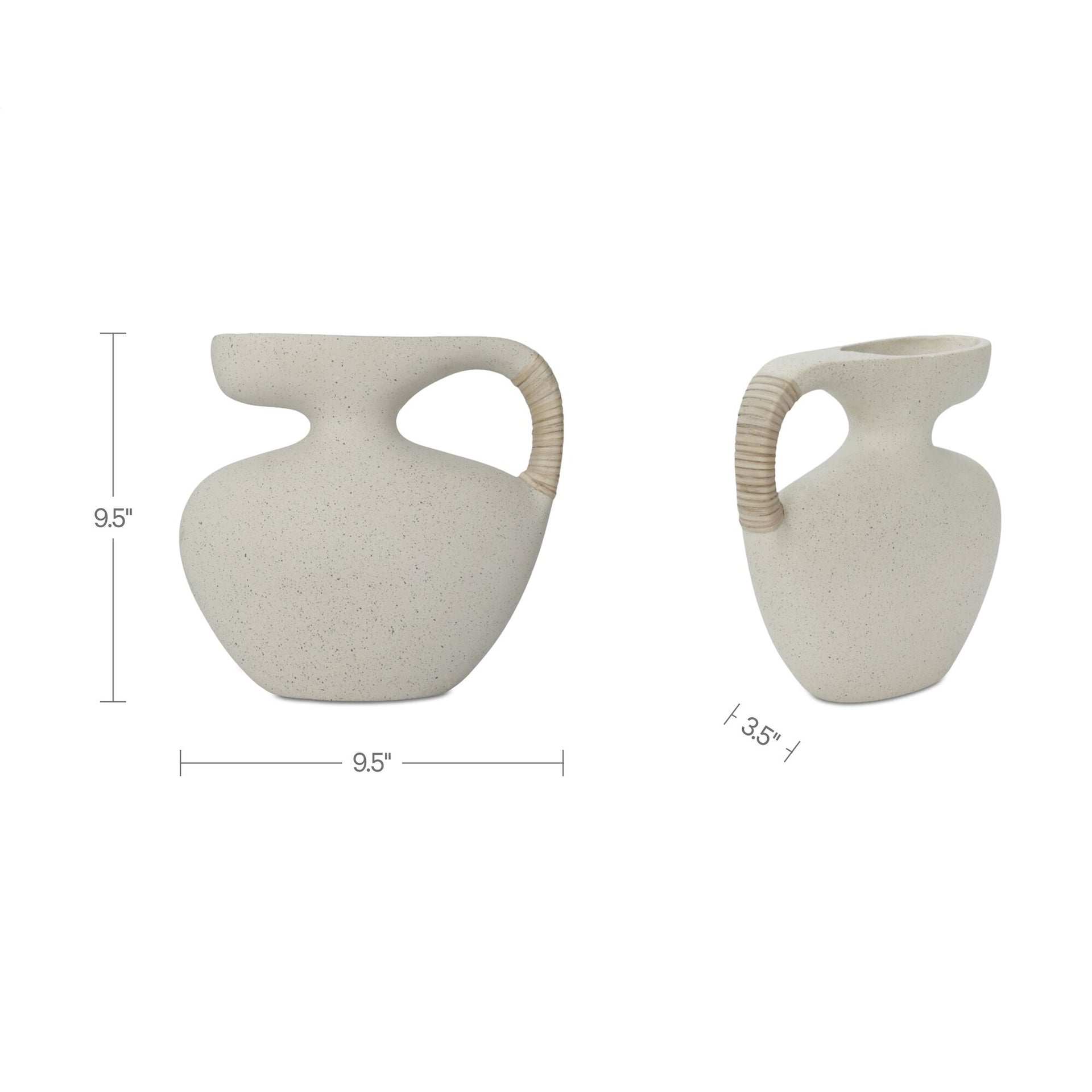 Tavish Vase, Rectangular, Ecomix, Cane Handle Detail, Modernist Sculptural Silhouette, Cream White