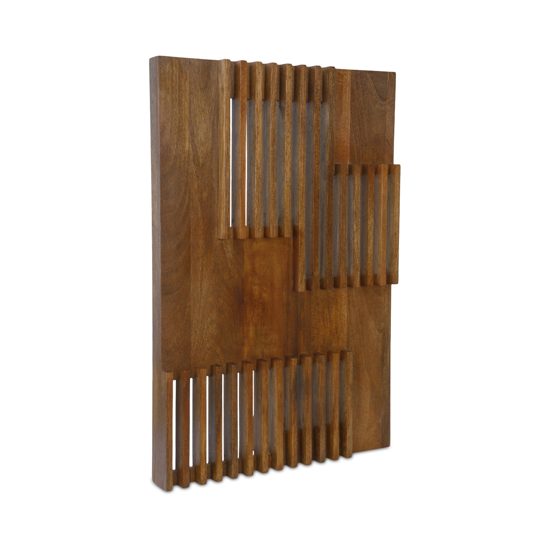 Dashton Wall Sculpture, Rectangular, Solid Mango Wood, Mid-Century Geometry, Linear Cutout Detail, Hang-Ready, Brown