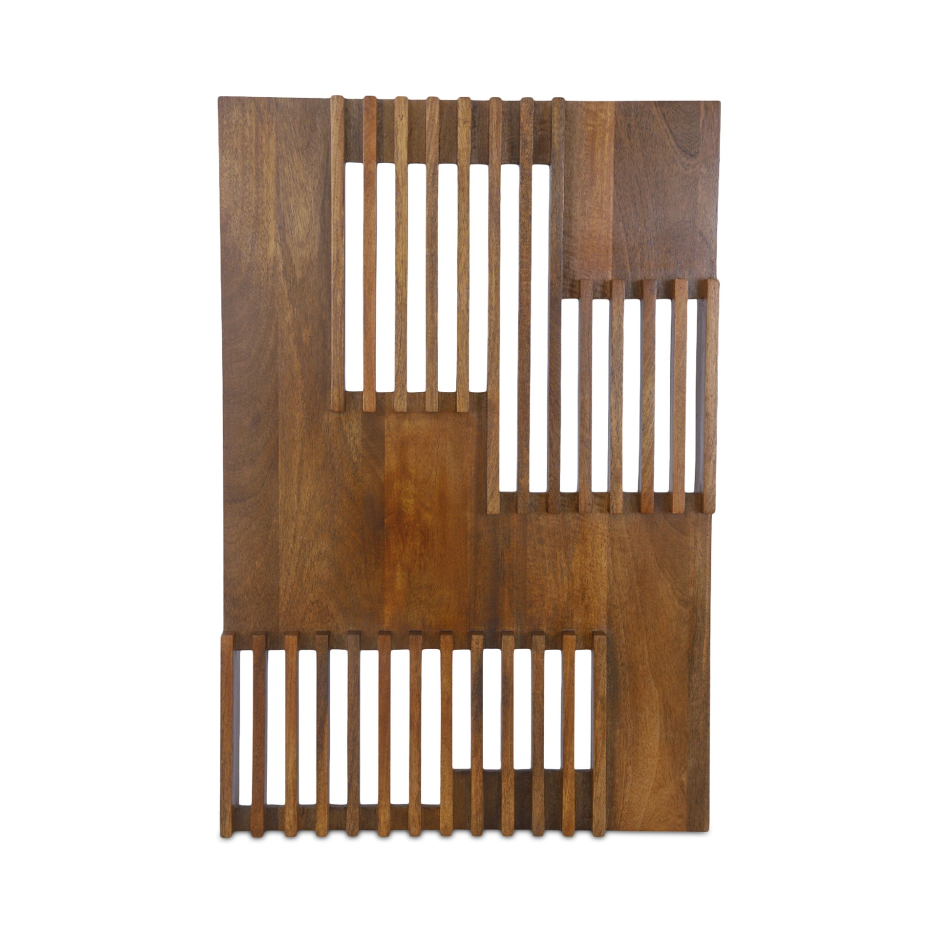 Dashton Wall Sculpture, Rectangular, Solid Mango Wood, Mid-Century Geometry, Linear Cutout Detail, Hang-Ready, Brown