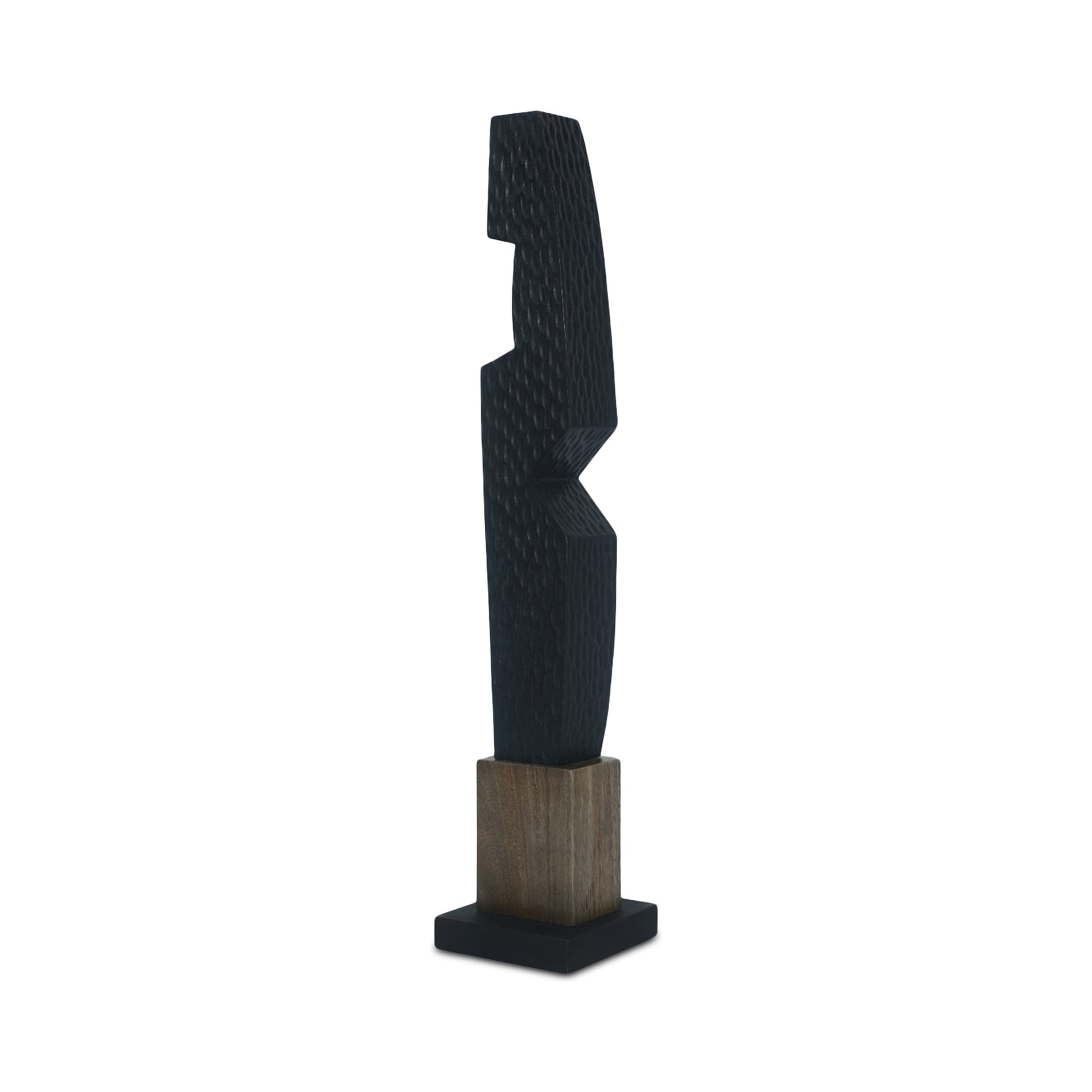 Emilian Sculpture, Rectangular, Solid Mango Wood, Stacked Form, Carved Accents, Black and Natural Finish