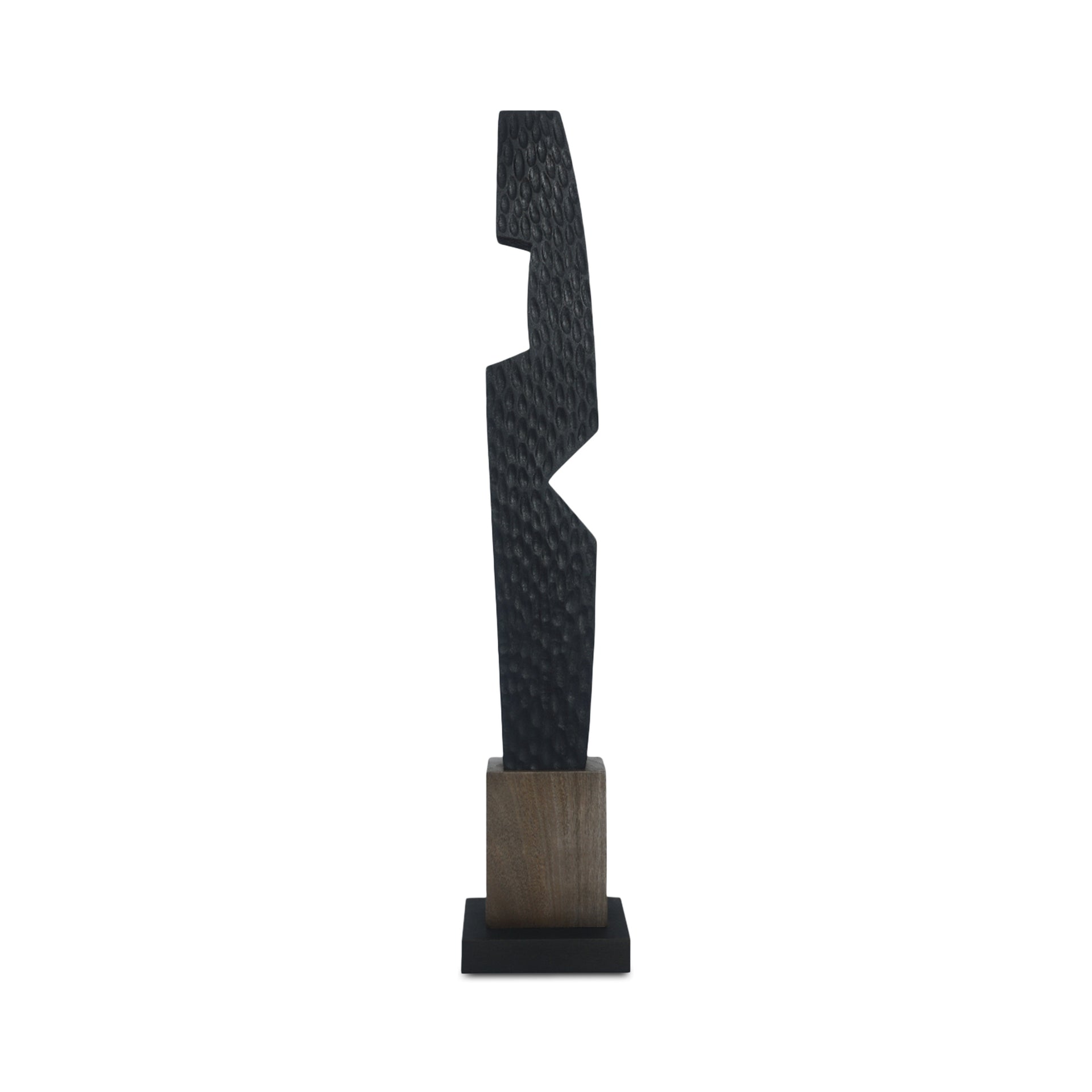 Emilian Sculpture, Rectangular, Solid Mango Wood, Stacked Form, Carved Accents, Black and Natural Finish