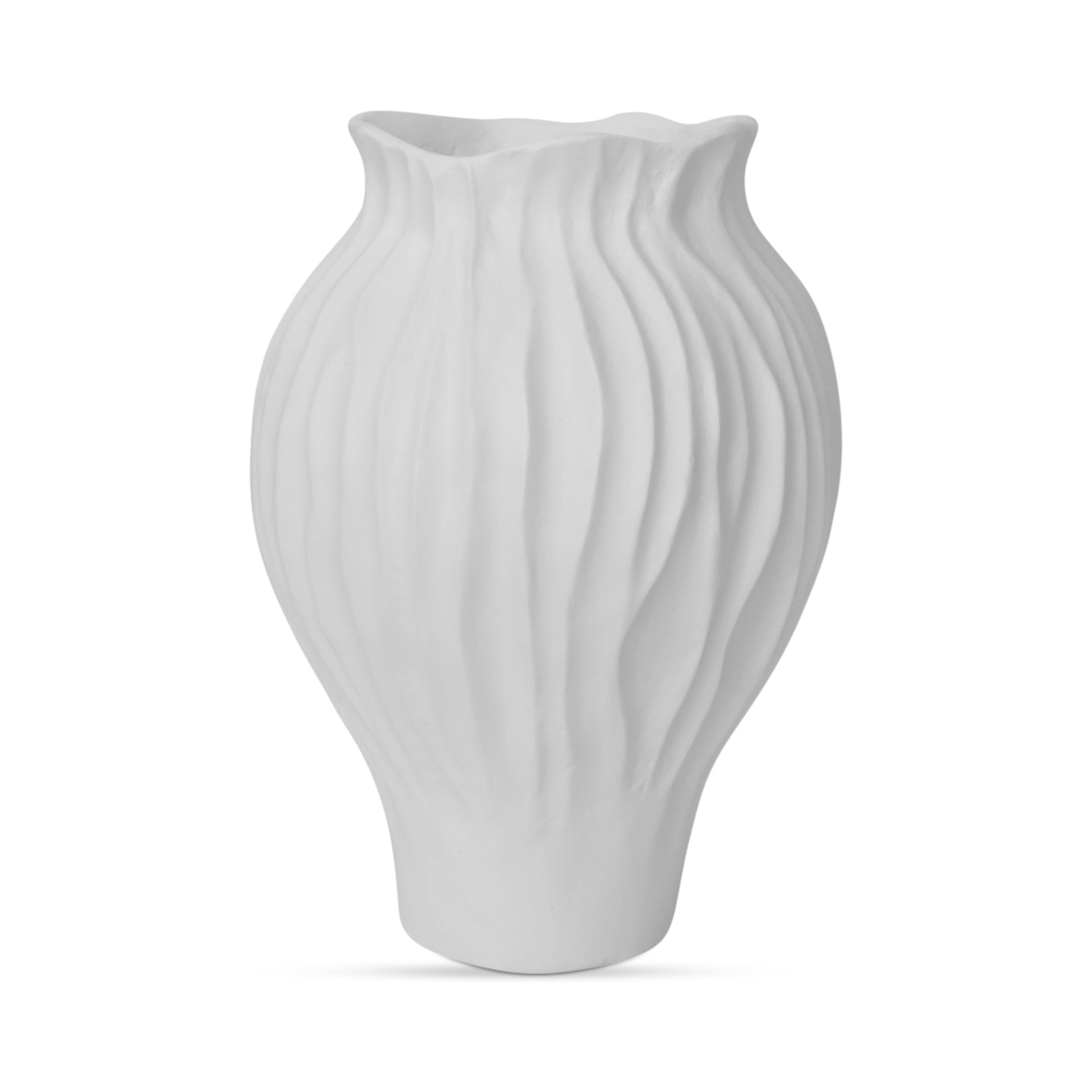 Aldous Vase, Round, Ecomix, Petal-Edged Profile, Rippled Texture, Ruffled Opening, Decorative Only, White