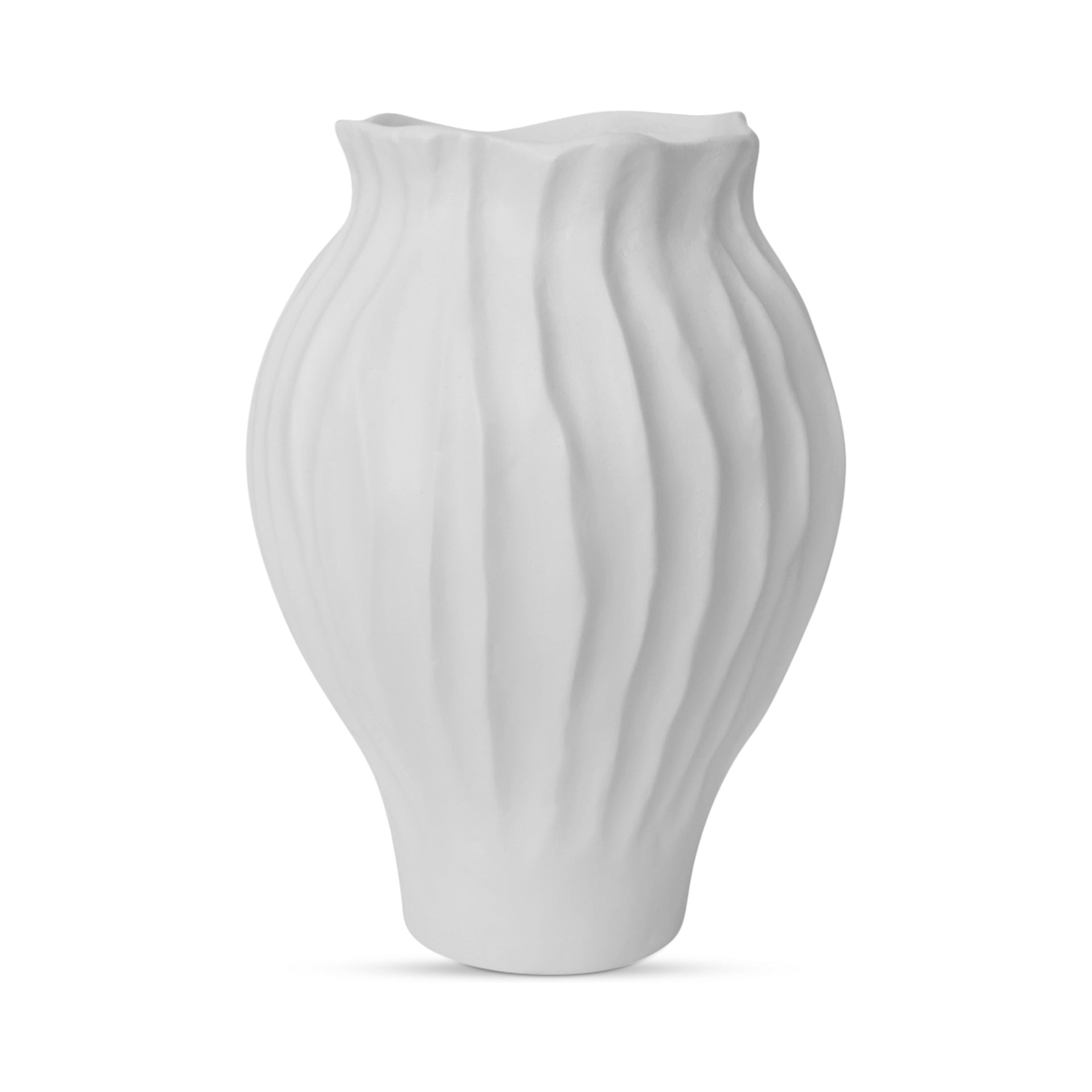 Aldous Vase, Round, Ecomix, Petal-Edged Profile, Rippled Texture, Ruffled Opening, Decorative Only, White