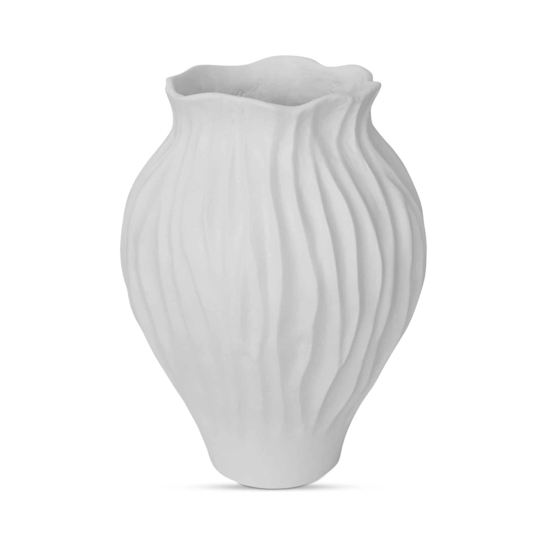Aldous Vase, Round, Ecomix, Floral Petal Detail, Rippled Texture, Ruffled Opening, White