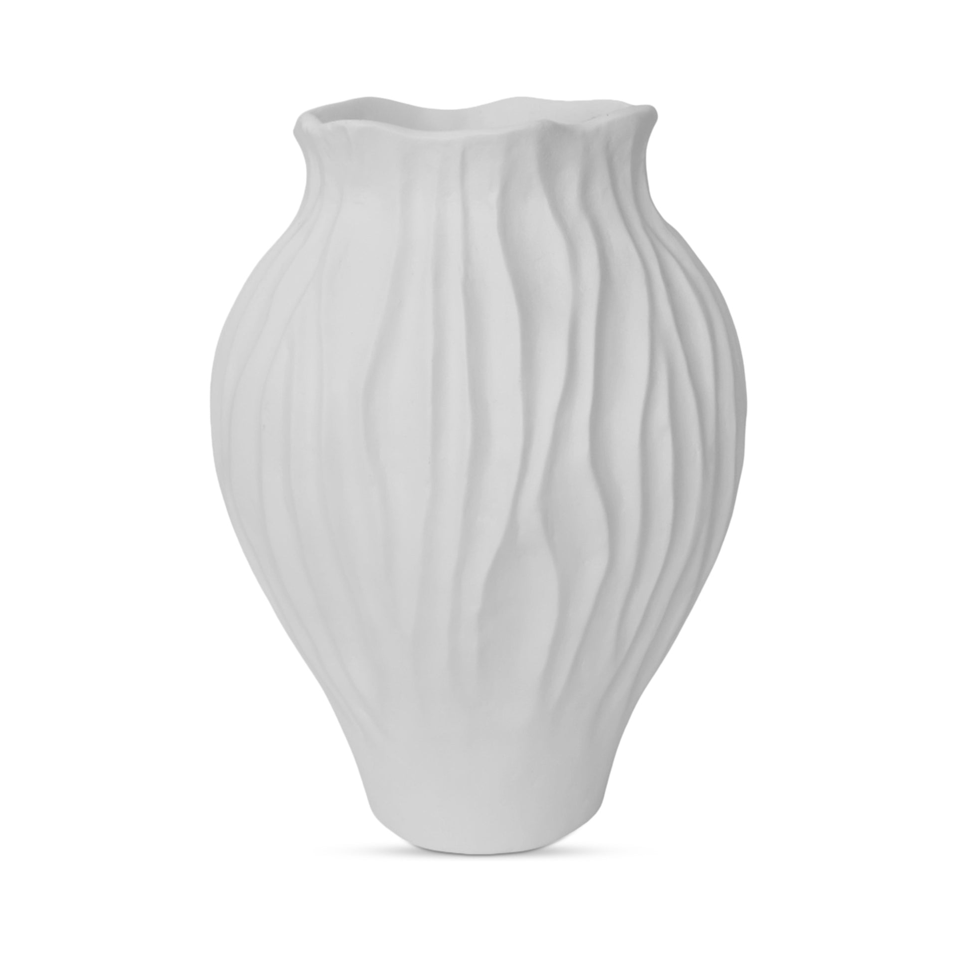 Aldous Vase, Round, Ecomix, Floral Petal Detail, Rippled Texture, Ruffled Opening, White