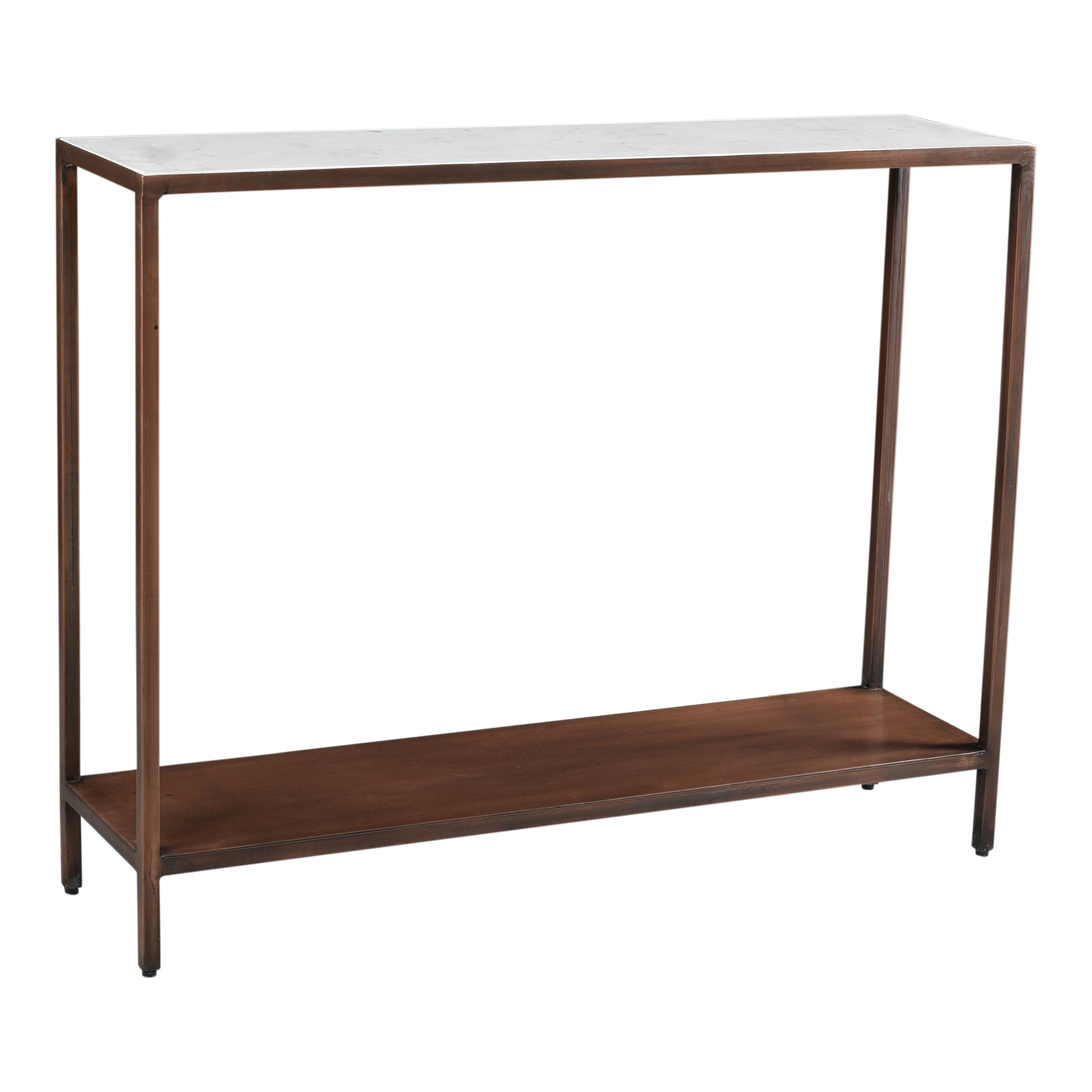 Paxton Console Table, Solid White Marble Top with Iron Frame, Contemporary Elegance, Antique Copper Finish