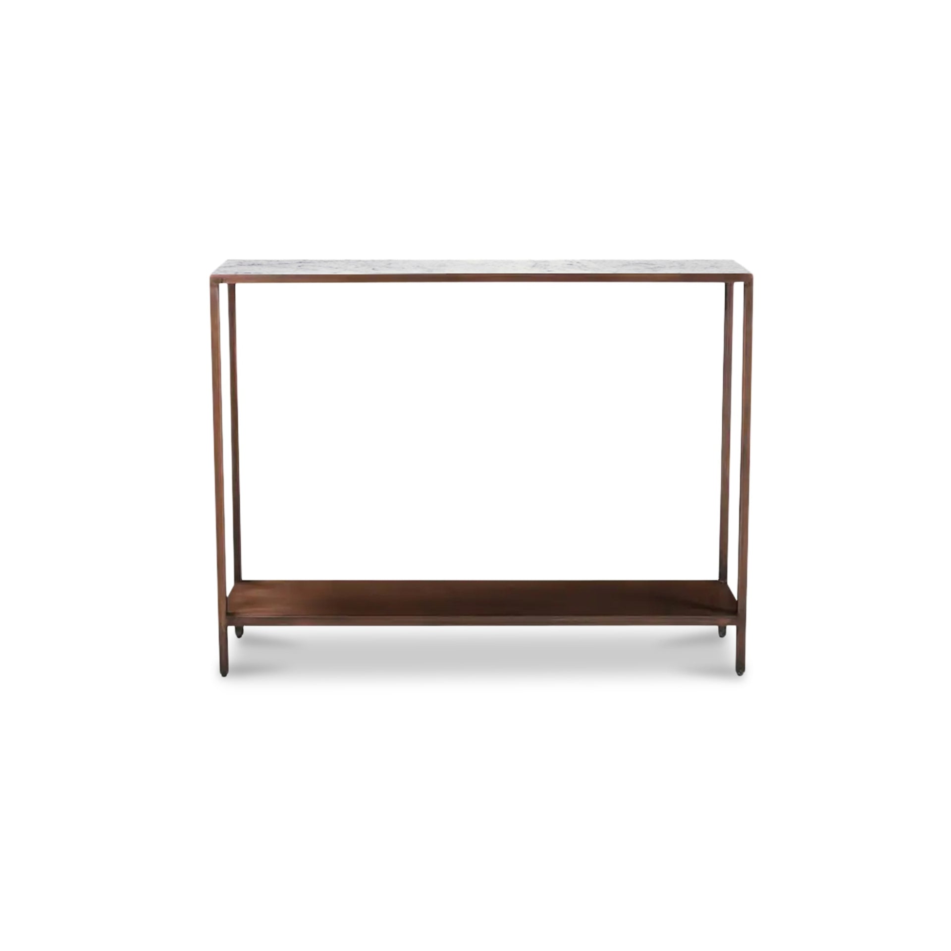 Paxton Console Table, Solid White Marble Top with Iron Frame, Contemporary Elegance, Antique Copper Finish