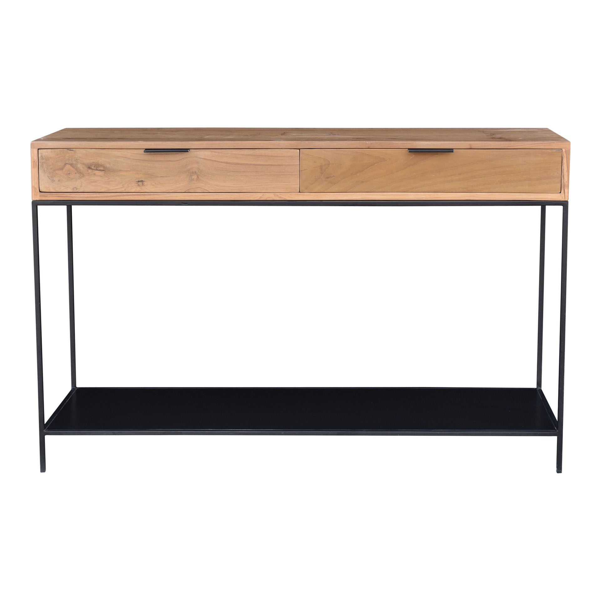Jesse Console Table, Rectangular Solid Teak Wood with Iron Frame and Two Drawers, Natural