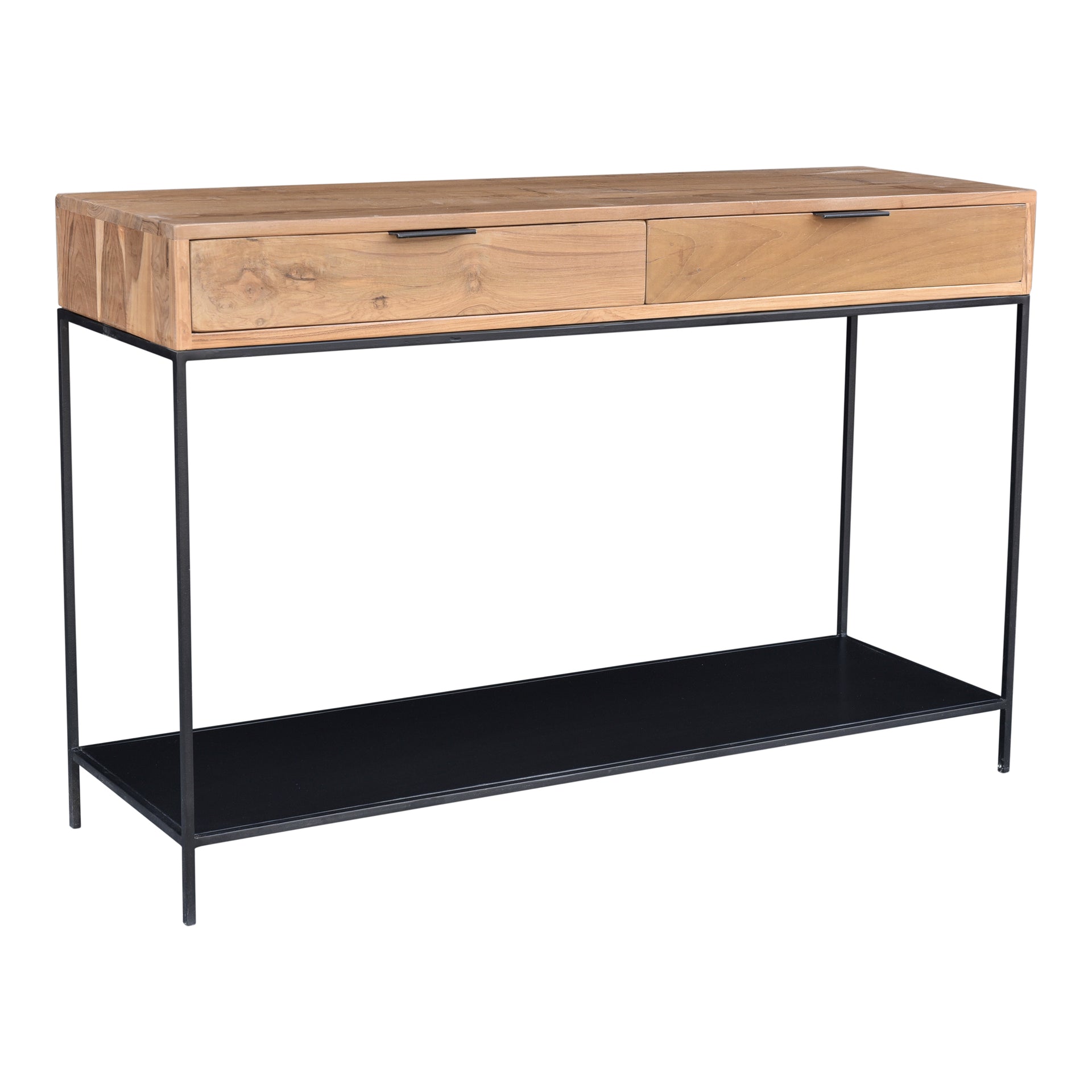 Jesse Console Table, Rectangular Solid Teak Wood with Iron Frame and Two Drawers, Natural