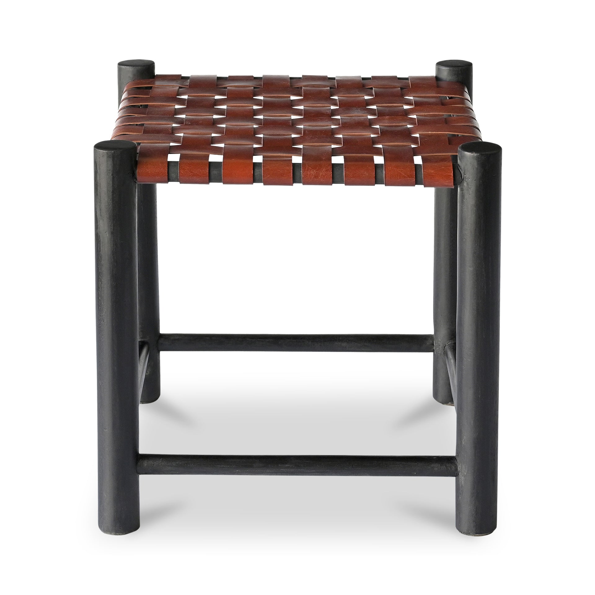 Delphine Accent Stool, Solid Mango Wood Frame with Buffalo Leather Seat, Burgundy