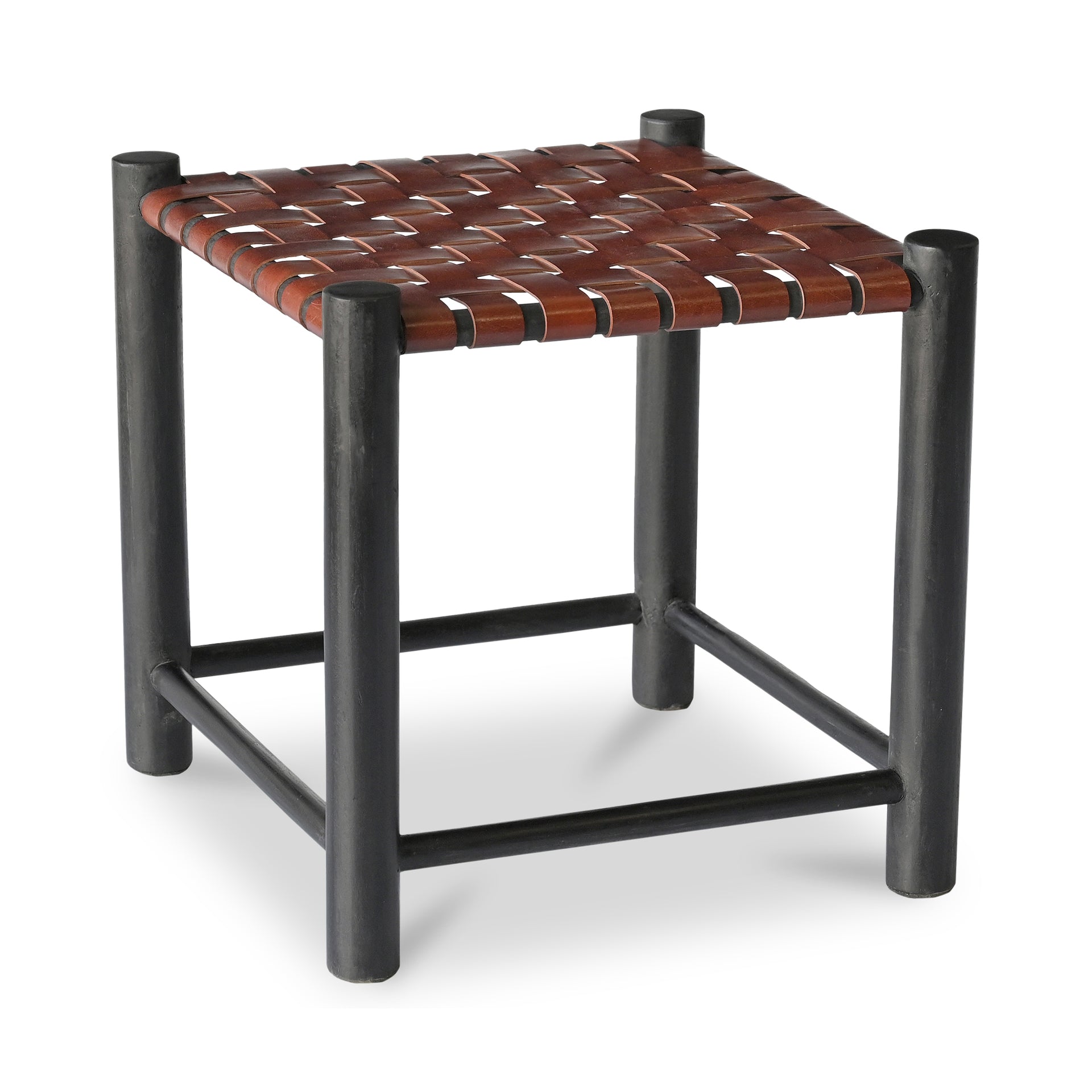 Delphine Accent Stool, Solid Mango Wood Frame with Buffalo Leather Seat, Burgundy