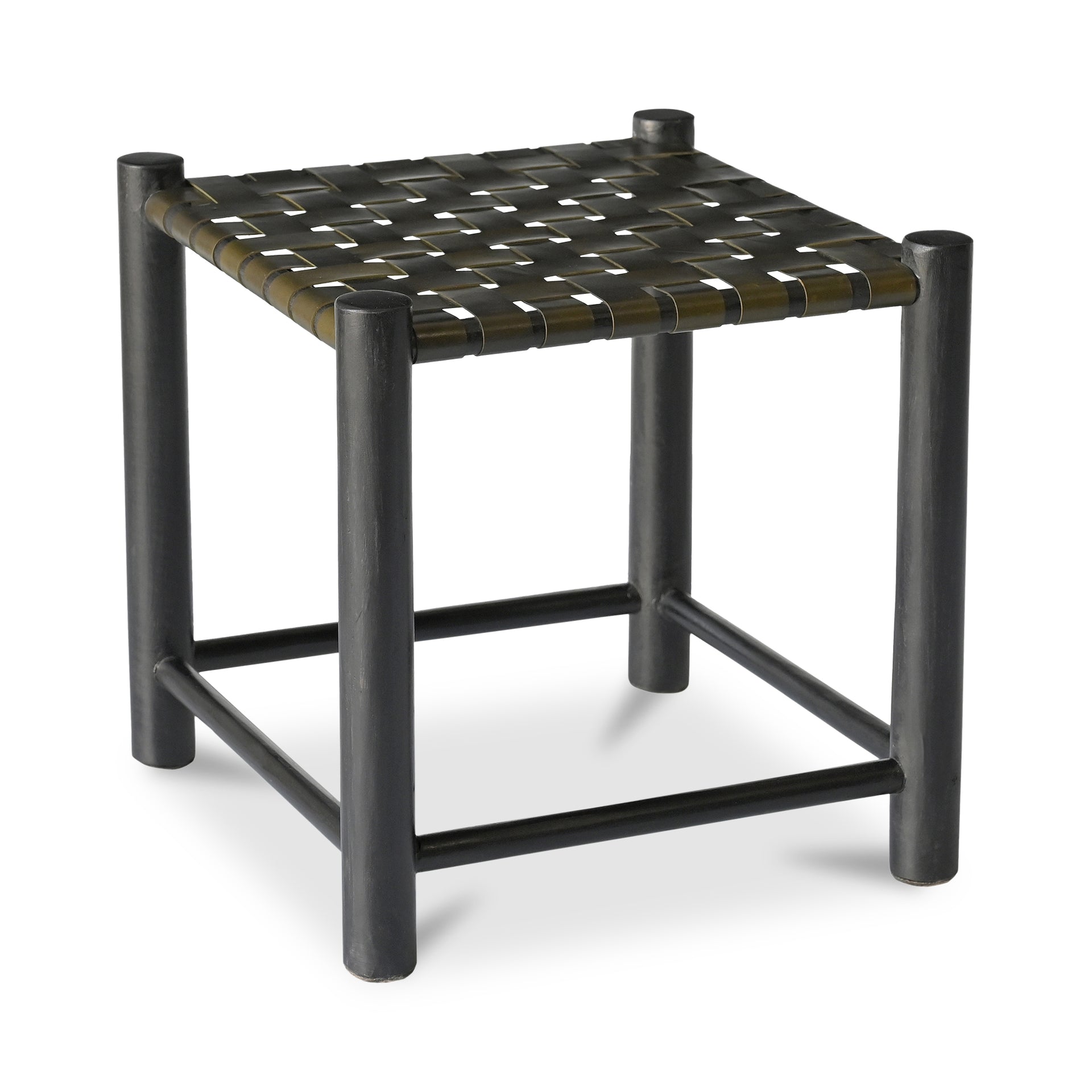 Delphine Accent Stool, Solid Mango Wood Frame with Buffalo Leather Seat, Olive