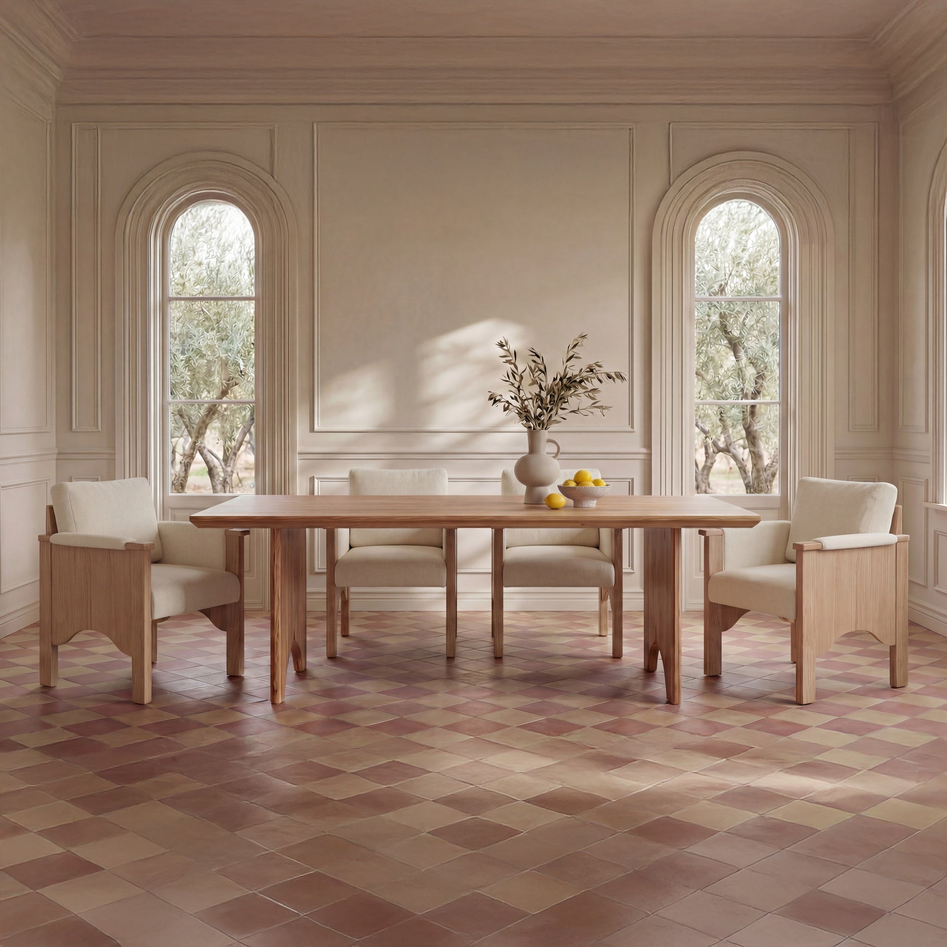 Joren Dining Chair, Solid Oak, Oil-Finished, Padded Arms, Polyester Upholstery, Cream