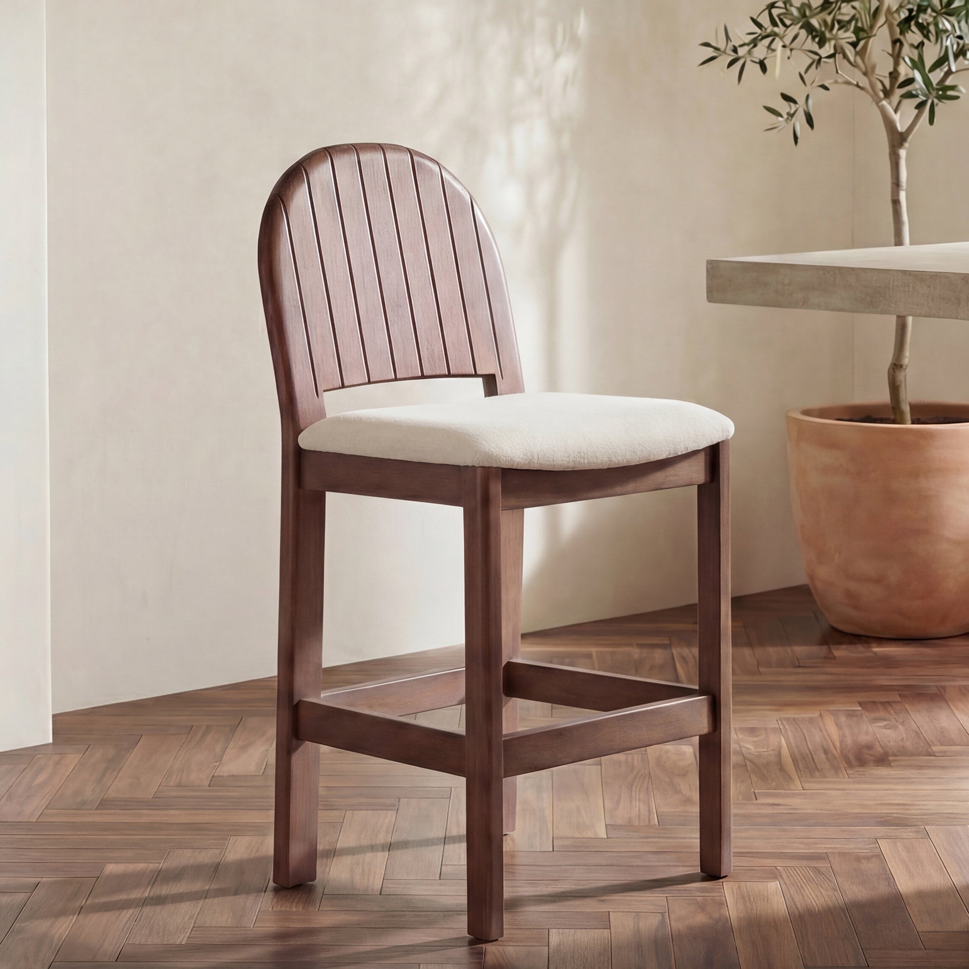 Marsabel Counter Stool, Carved Arch Back, Solid Rubber Wood, Tapered Legs, Polyester Upholstery, Cream