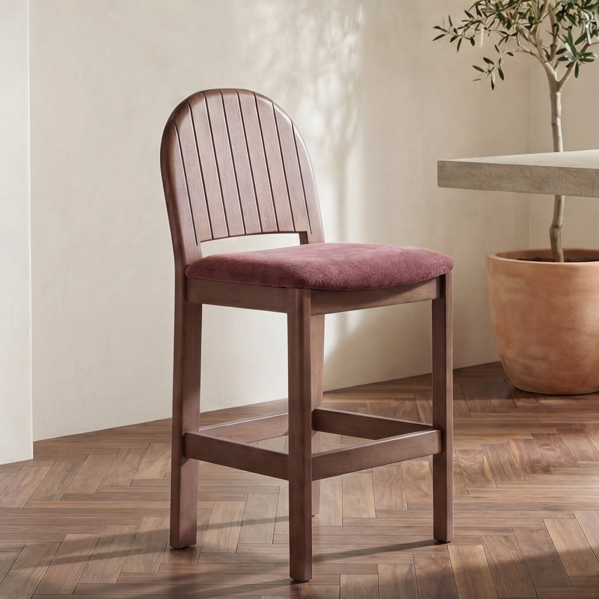 Marsabel Counter Stool, Carved Arch Back, Solid Rubber Wood, Tapered Legs, Polyester Upholstery, Berry