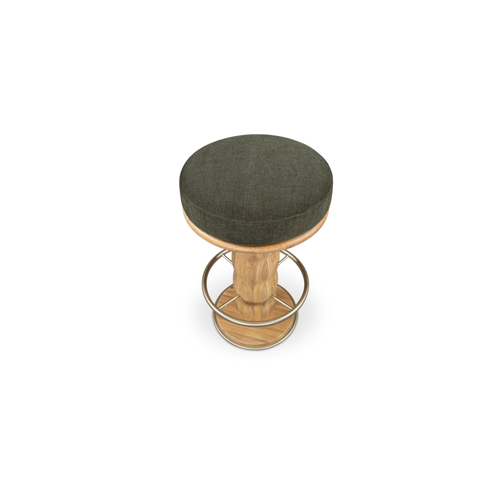 Kierla Counter Stool, Turned Legs, Solid Oak, Swivel Seat, Metal Footrest Ring, Dark Green
