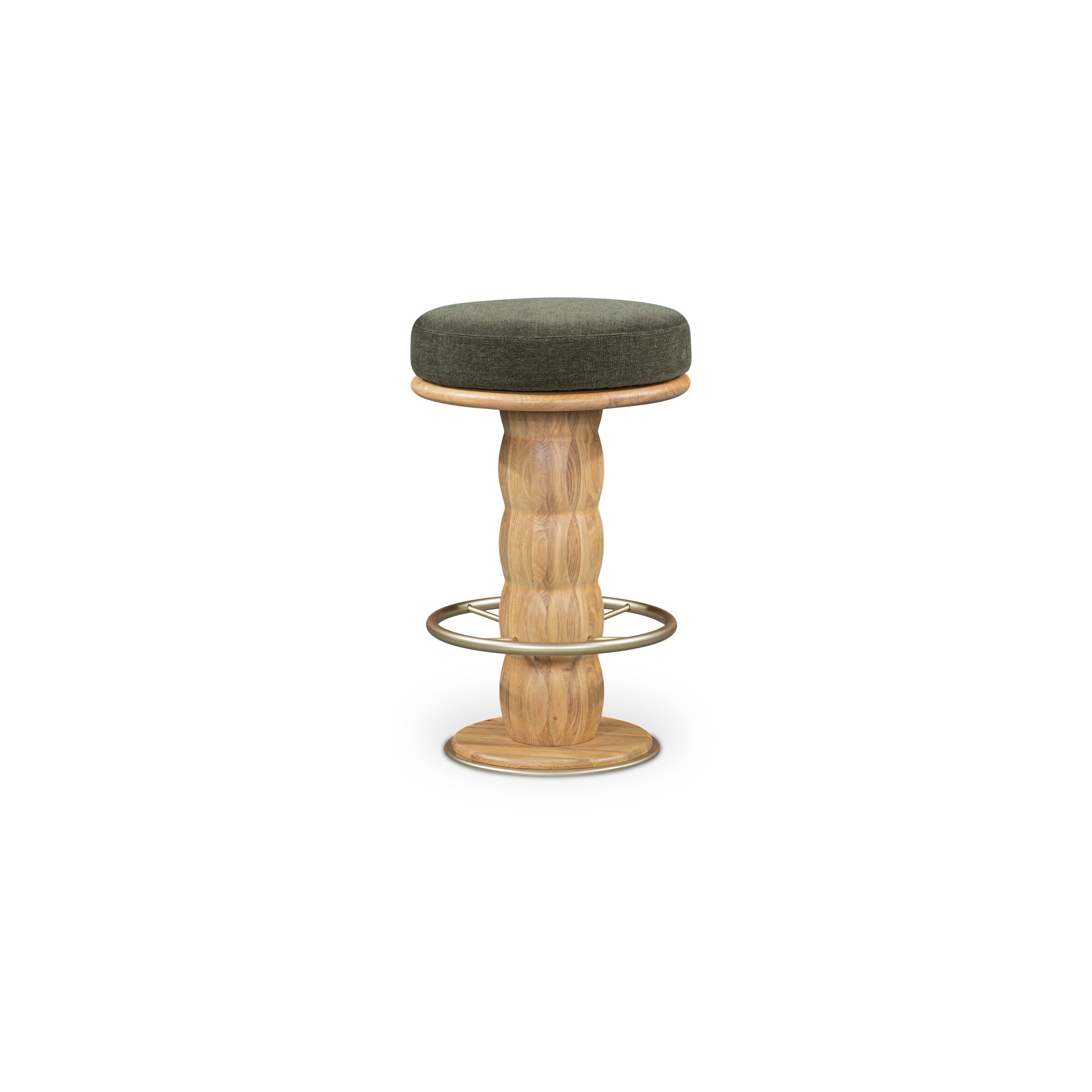 Kierla Counter Stool, Turned Legs, Solid Oak, Swivel Seat, Metal Footrest Ring, Dark Green