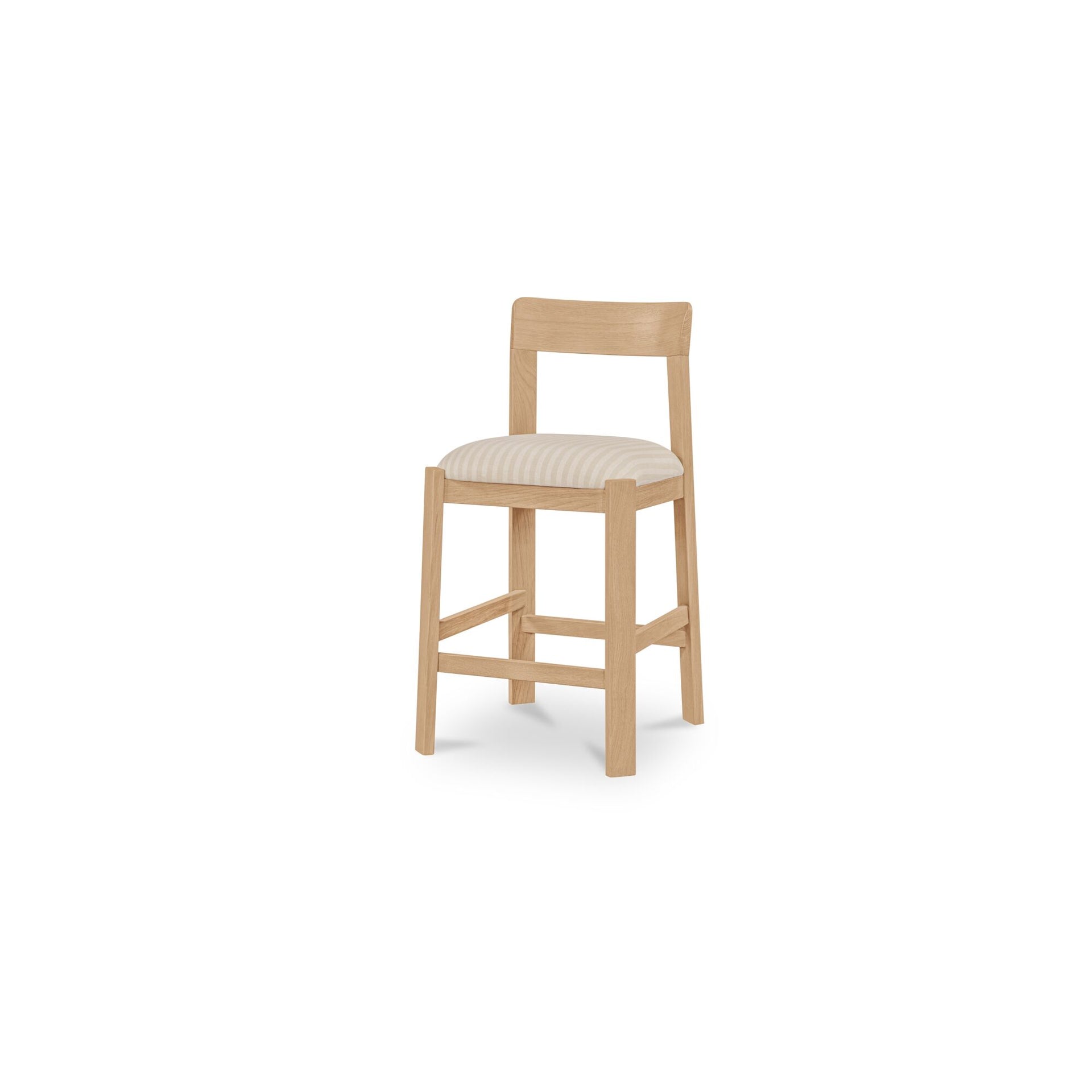 Marenza Counter Stool, Solid Oak, Natural Finish, Curved Back, Striped Polyester Upholstery, Stripe