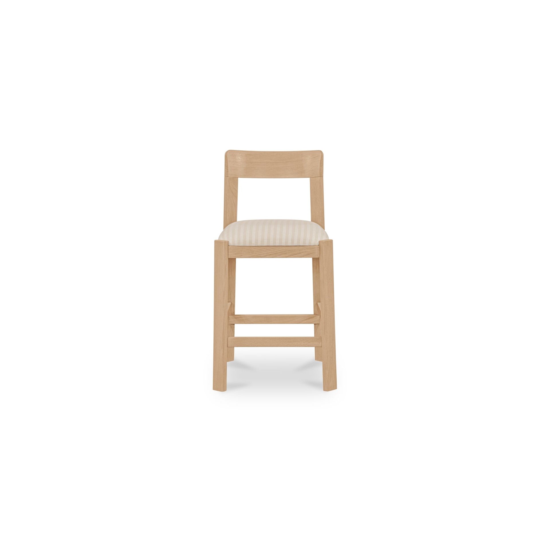 Marenza Counter Stool, Solid Oak, Natural Finish, Curved Back, Striped Polyester Upholstery, Stripe