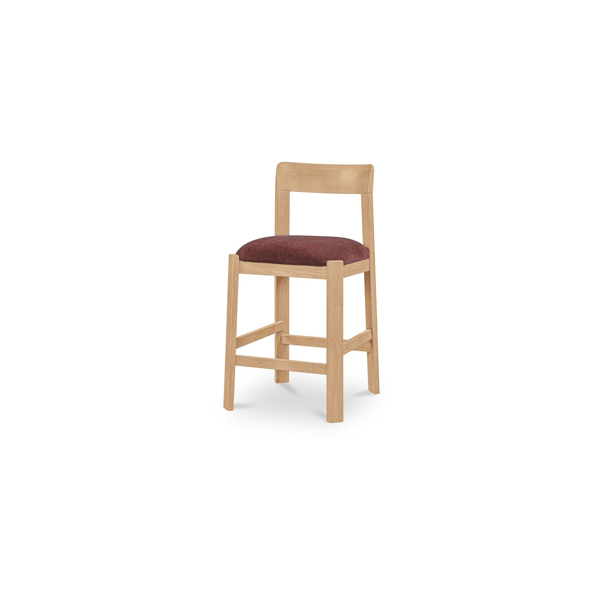 Marenza Counter Stool, Solid Oak, Natural Finish, Curved Back, Polyester Upholstery, Berry