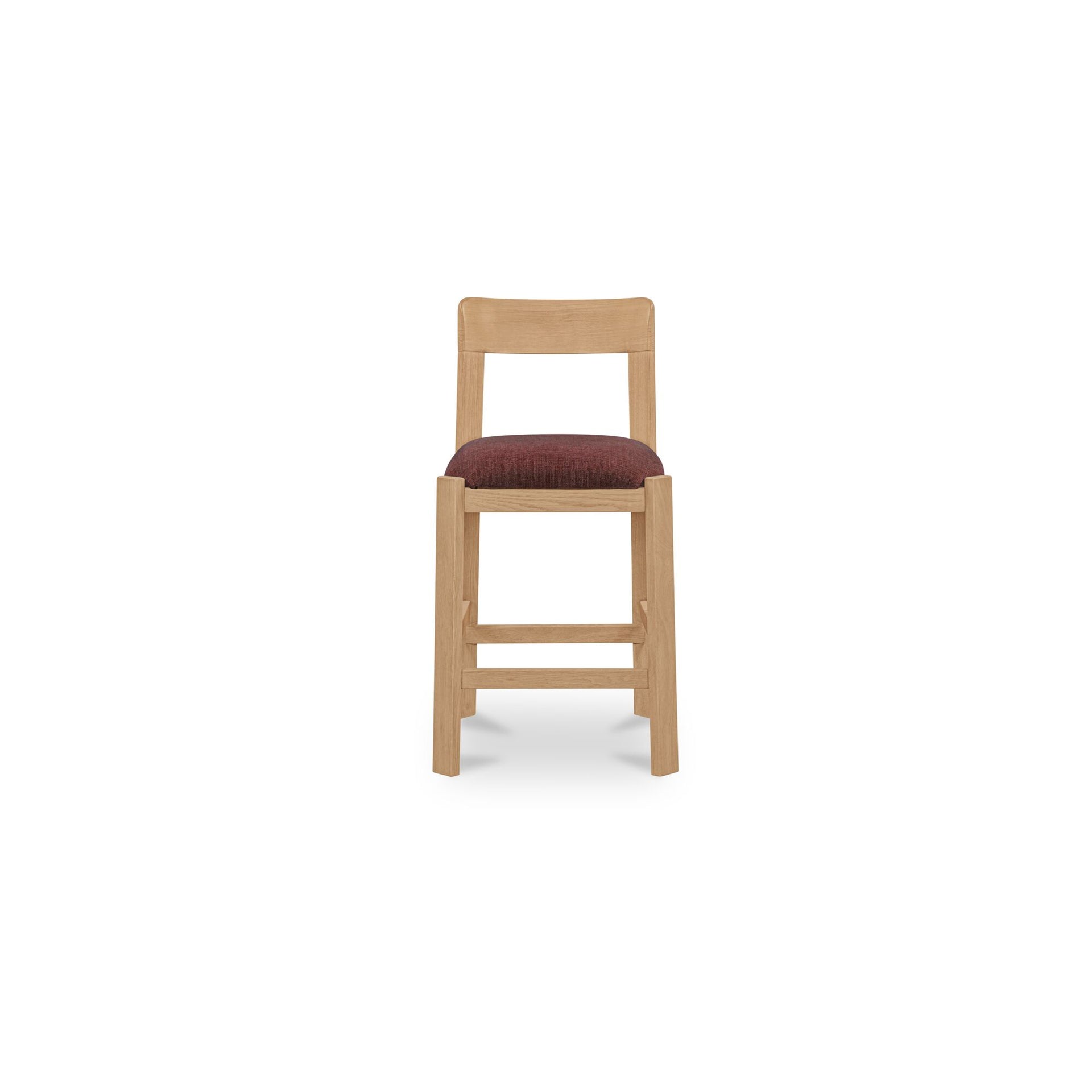 Marenza Counter Stool, Solid Oak, Natural Finish, Curved Back, Polyester Upholstery, Berry