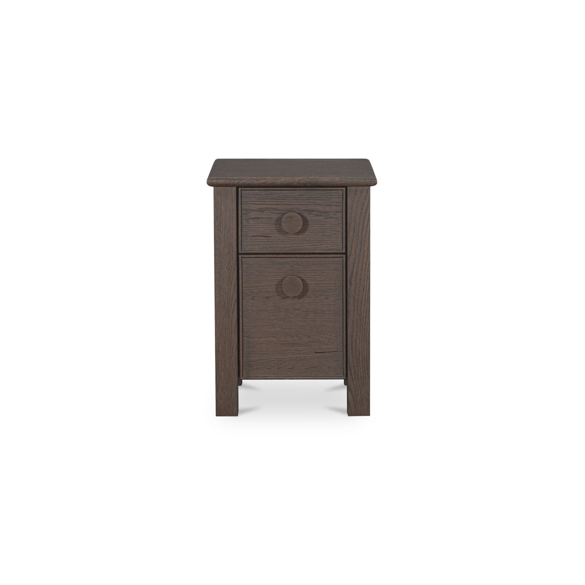 Thorvik Nightstand, Solid Oak and Oak Veneer, Two Drawers, Oversize Oak Handles, Curved Corners, Dark Brown