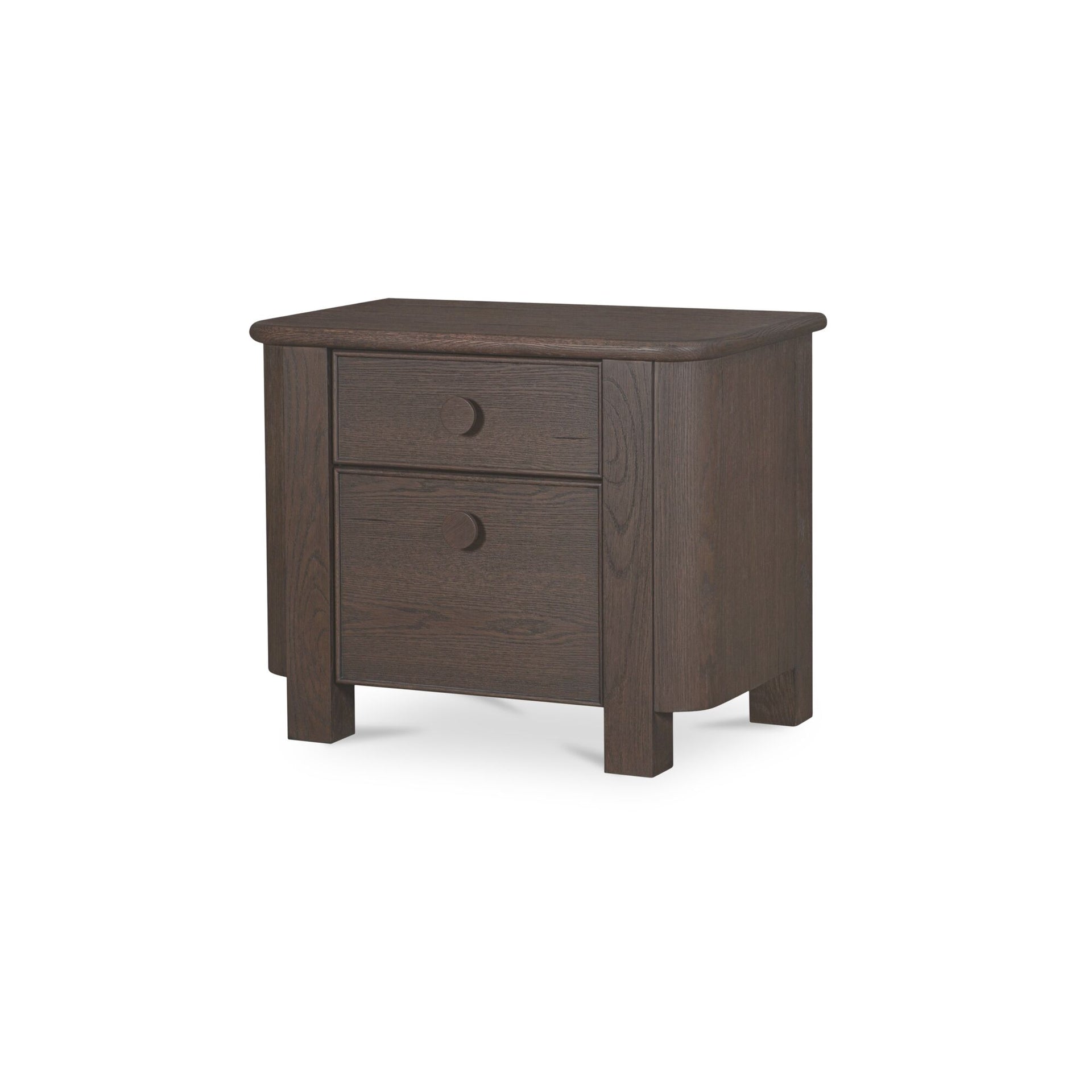 Thorvik Nightstand, Solid Oak and Oak Veneer, Two Drawers, Oversize Oak Handles, Soft Curved Corners, Dark Brown