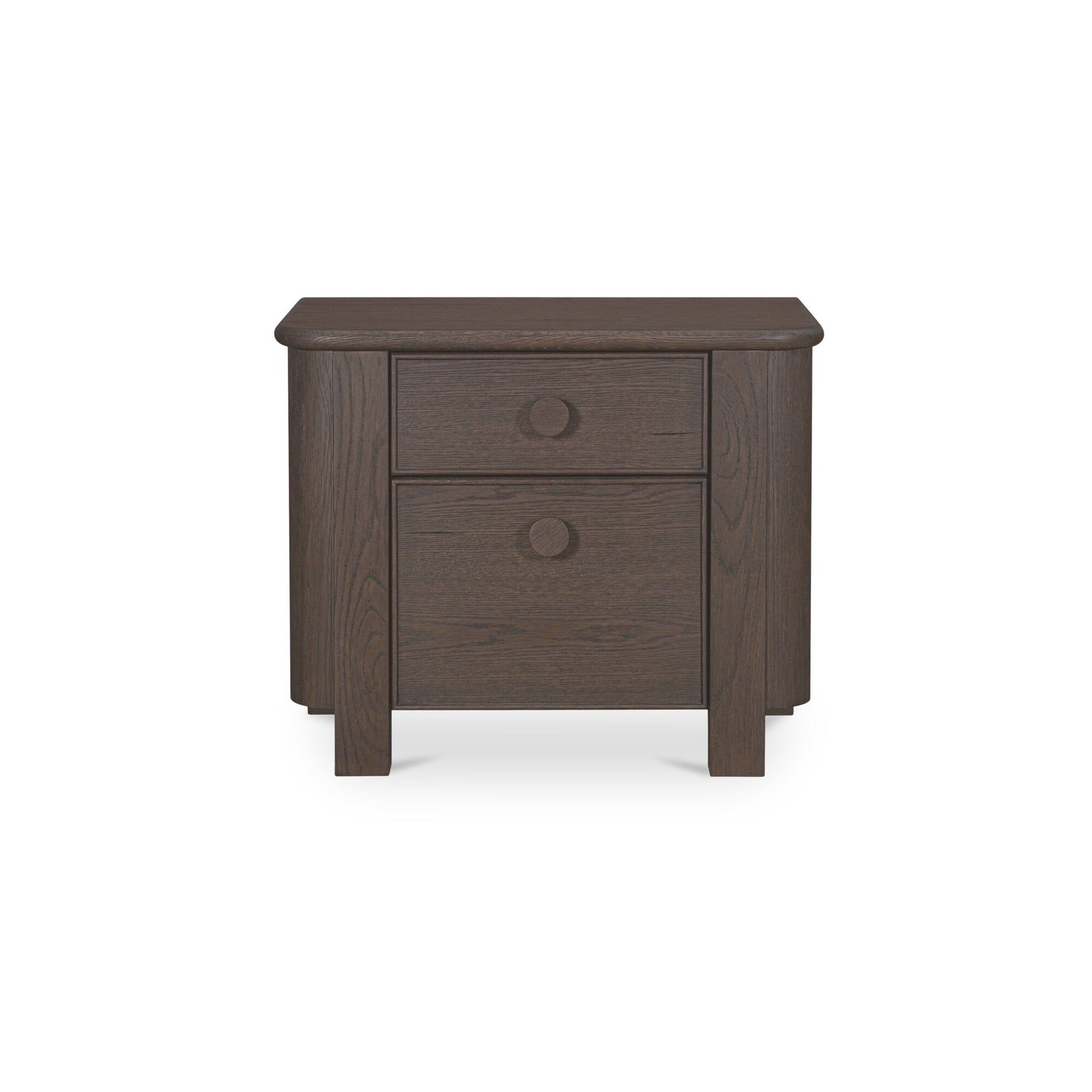 Thorvik Nightstand, Solid Oak and Oak Veneer, Two Drawers, Oversize Oak Handles, Soft Curved Corners, Dark Brown