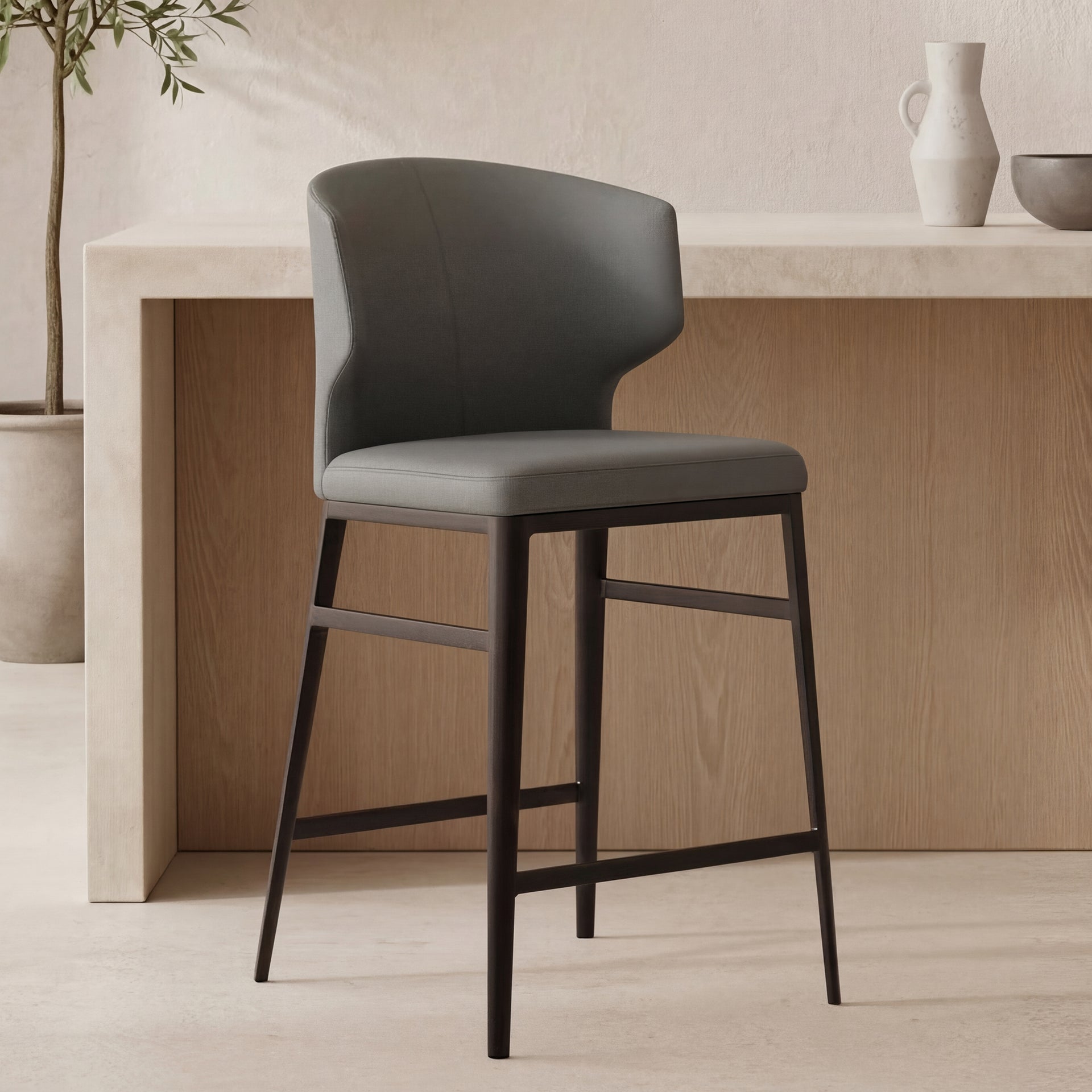 Lyra, Counter Stool Vegan Leather with Steel Frame, Grey