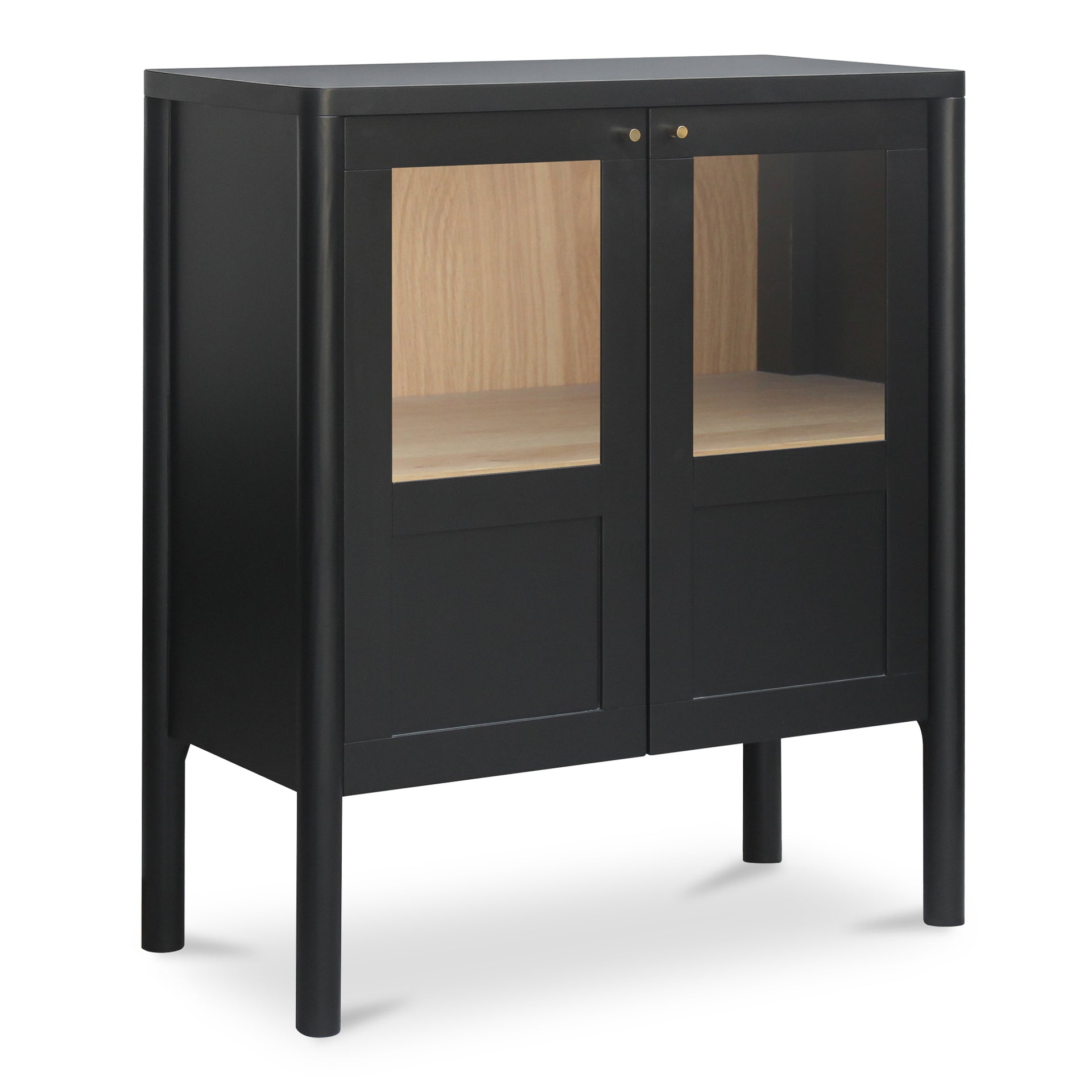 Delmira Cabinet, Rectangular Millwork-Inspired Solid Pine, Oak Veneer, Tempered Glass, Black