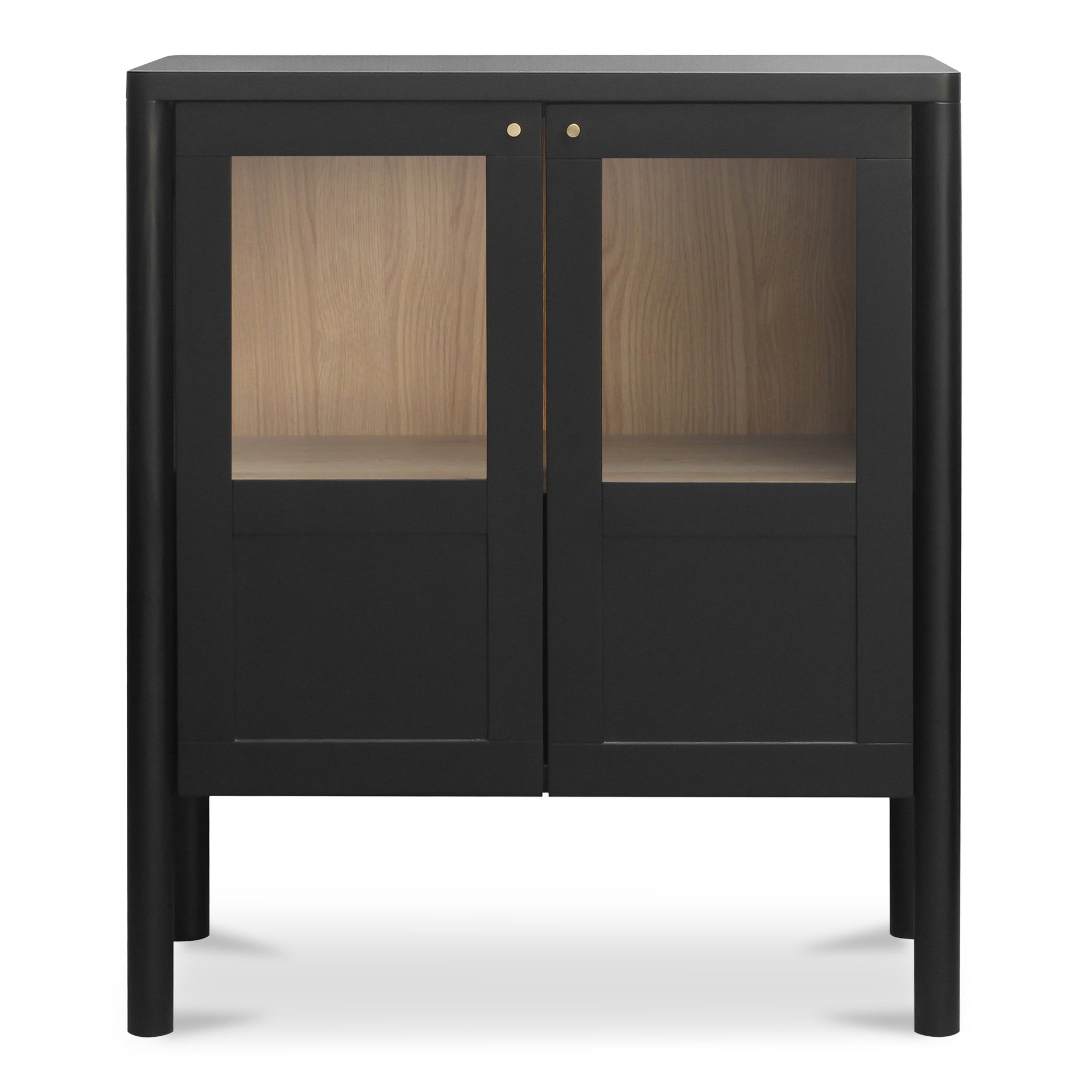 Delmira Cabinet, Rectangular Millwork-Inspired Solid Pine, Oak Veneer, Tempered Glass, Black