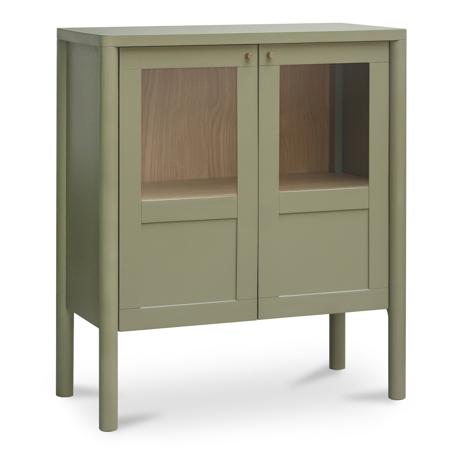 Delmira Cabinet, Rectangular Millwork-Inspired Solid Pine, Oak Veneer, Tempered Glass, Green